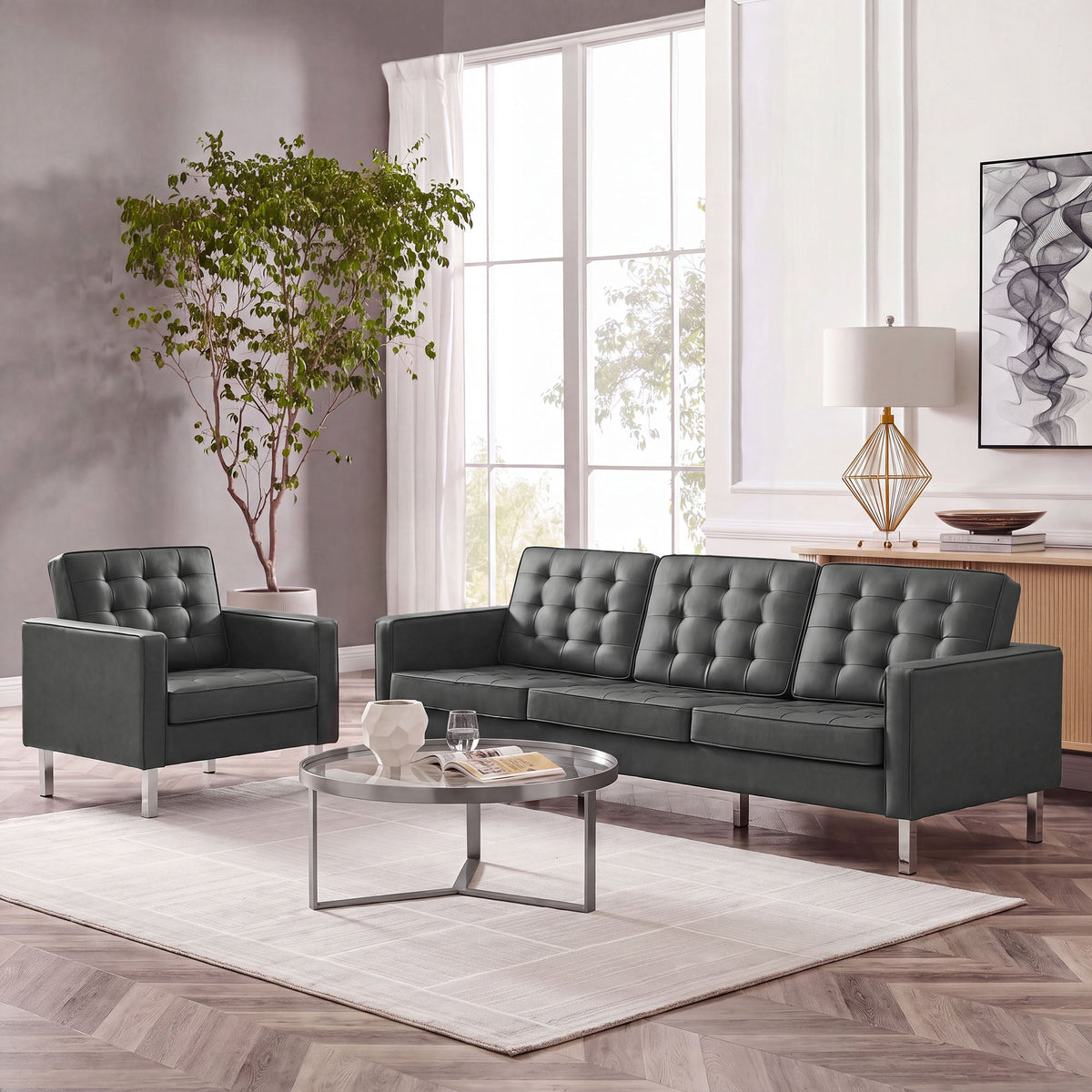 Loft Tufted Upholstered Faux Leather Sofa and Armchair Set by Modway, photo 24 of 40