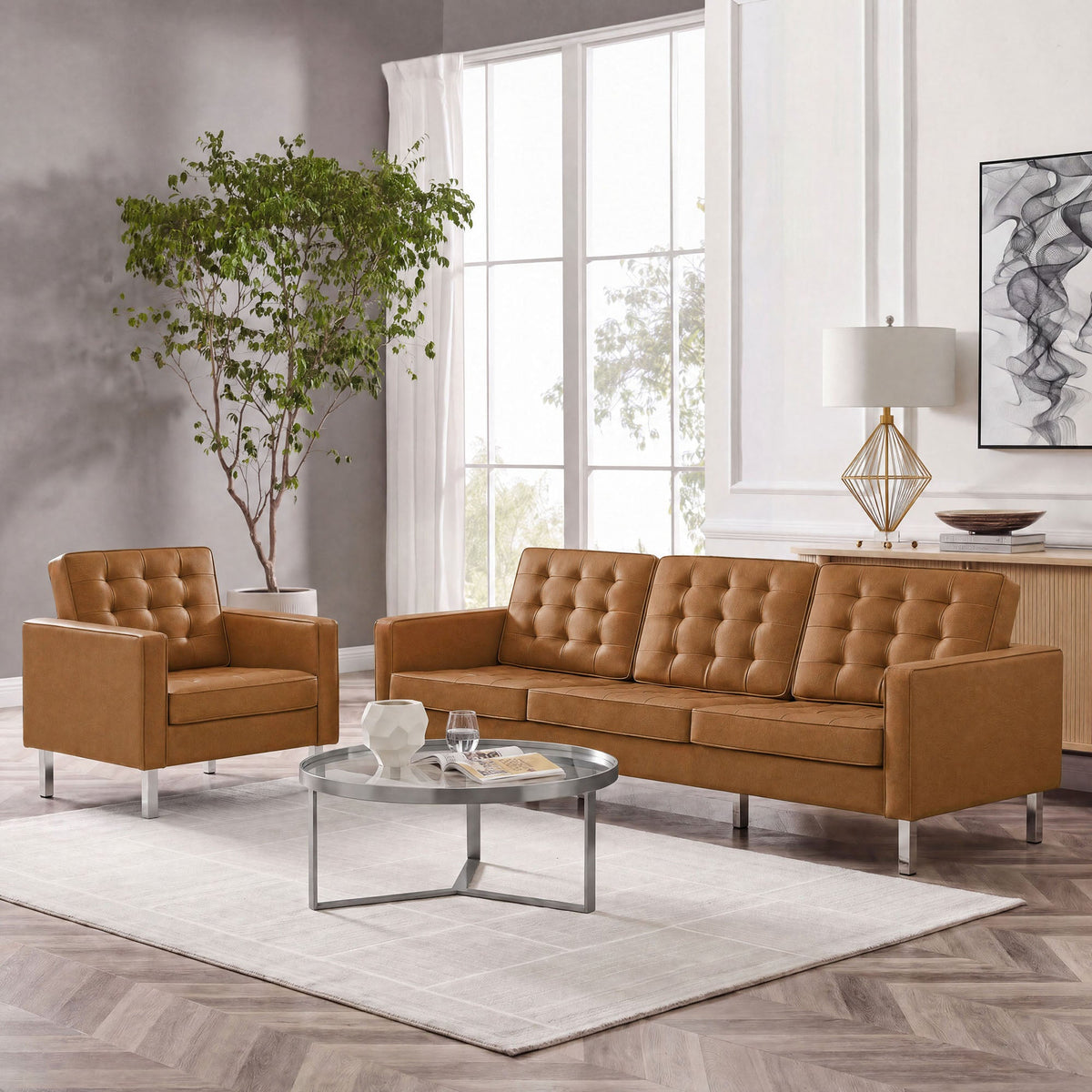 Loft Tufted Upholstered Faux Leather Sofa and Armchair Set by Modway, photo 37 of 40