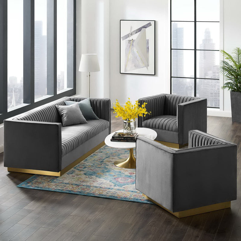 Sanguine 3 Piece Vertical Channel Tufted Upholstered Performance Velvet Set by Modway, photo 6 of 6