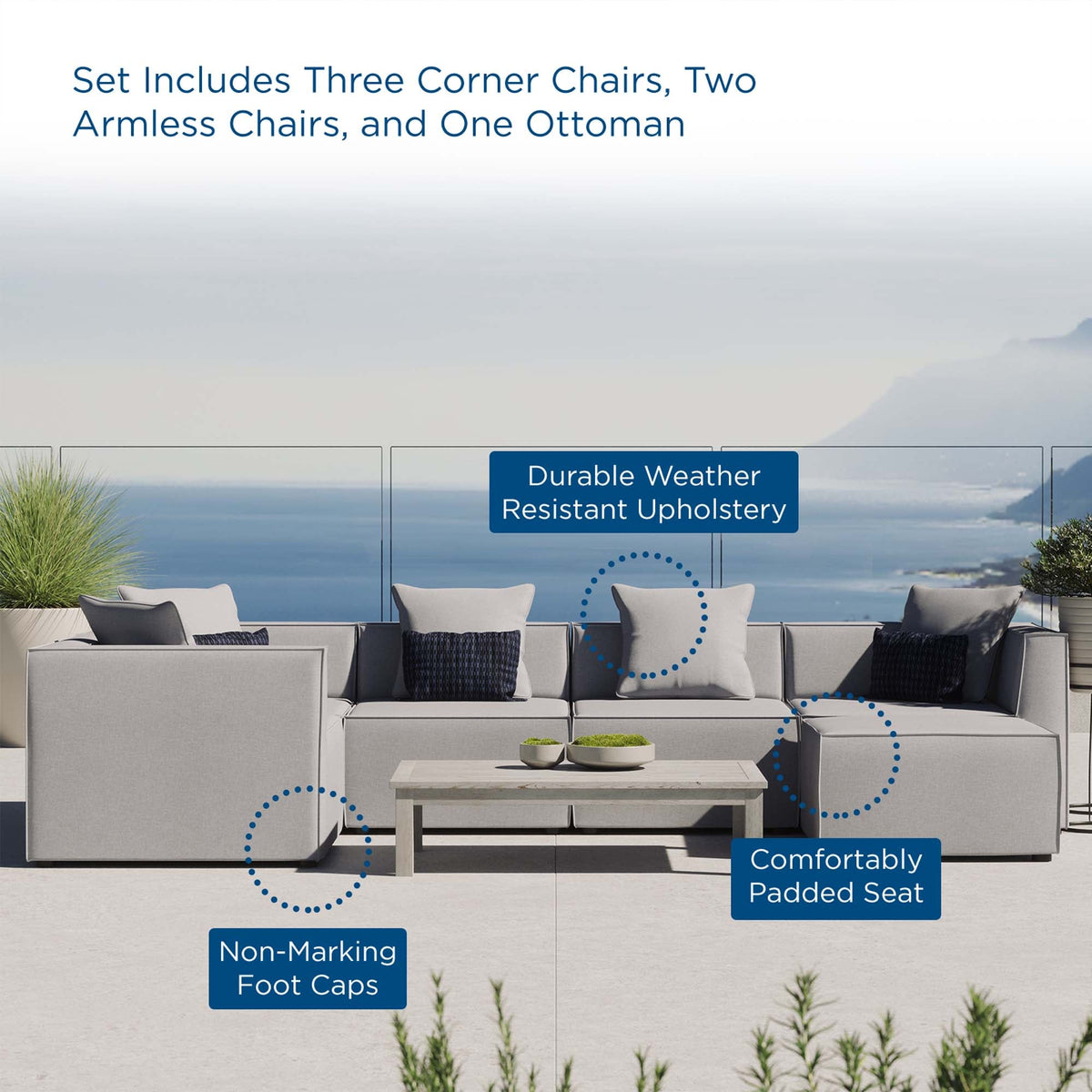 Saybrook 6-Piece Outdoor Patio Upholstered Sectional Sofa by Modway - Gray / Navy / White (EEI-4386), photo 13 of 39