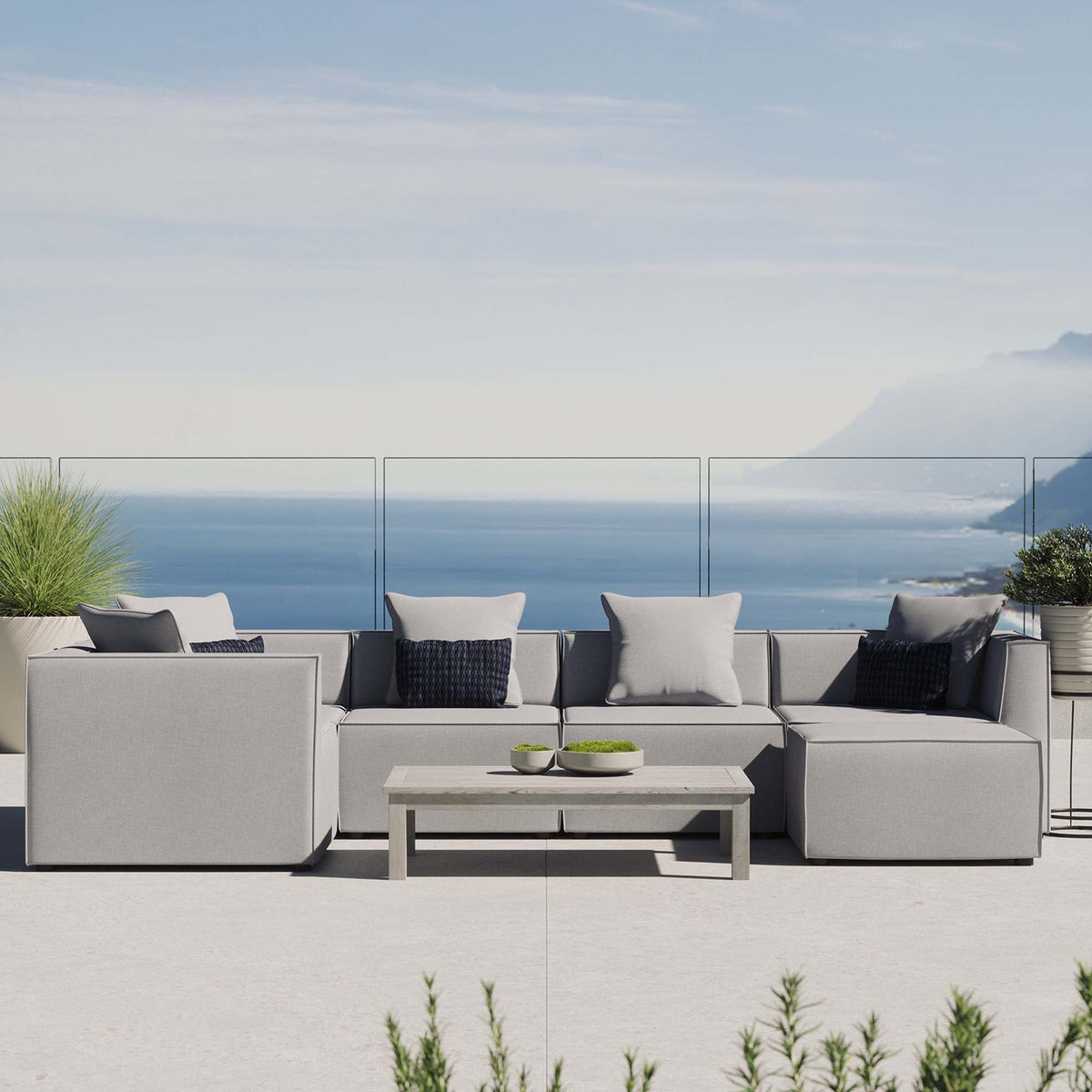 Saybrook 6-Piece Outdoor Patio Upholstered Sectional Sofa by Modway - Gray / Navy / White (EEI-4386), photo 12 of 39