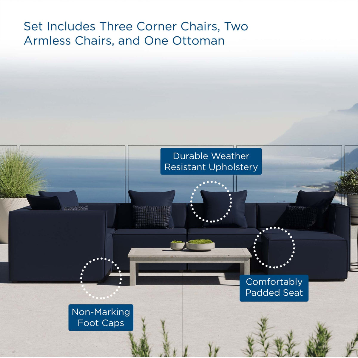 Saybrook 6-Piece Outdoor Patio Upholstered Sectional Sofa by Modway - Gray / Navy / White (EEI-4386), photo 26 of 39
