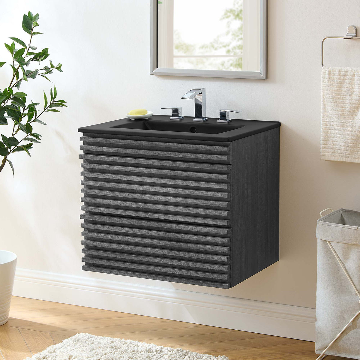 Render 24" Wall-Mount Bathroom Vanity by Modway - Charcoal Black / Oak Black / Walnut Black, photo 8 of 28