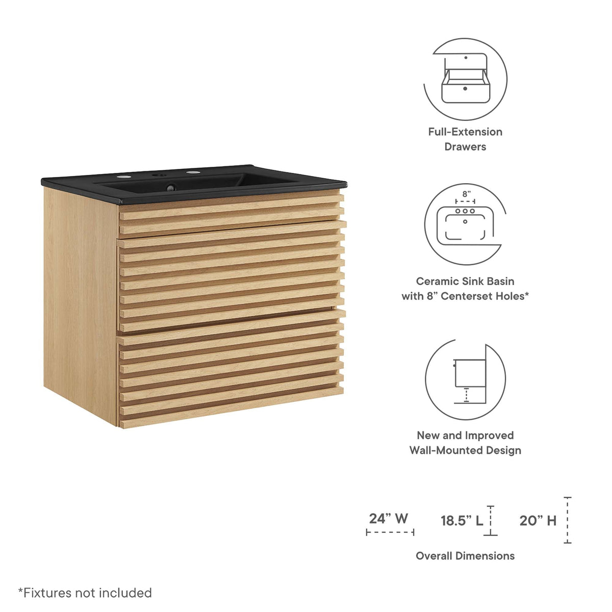Render 24" Wall-Mount Bathroom Vanity by Modway - Charcoal Black / Oak Black / Walnut Black, photo 11 of 28