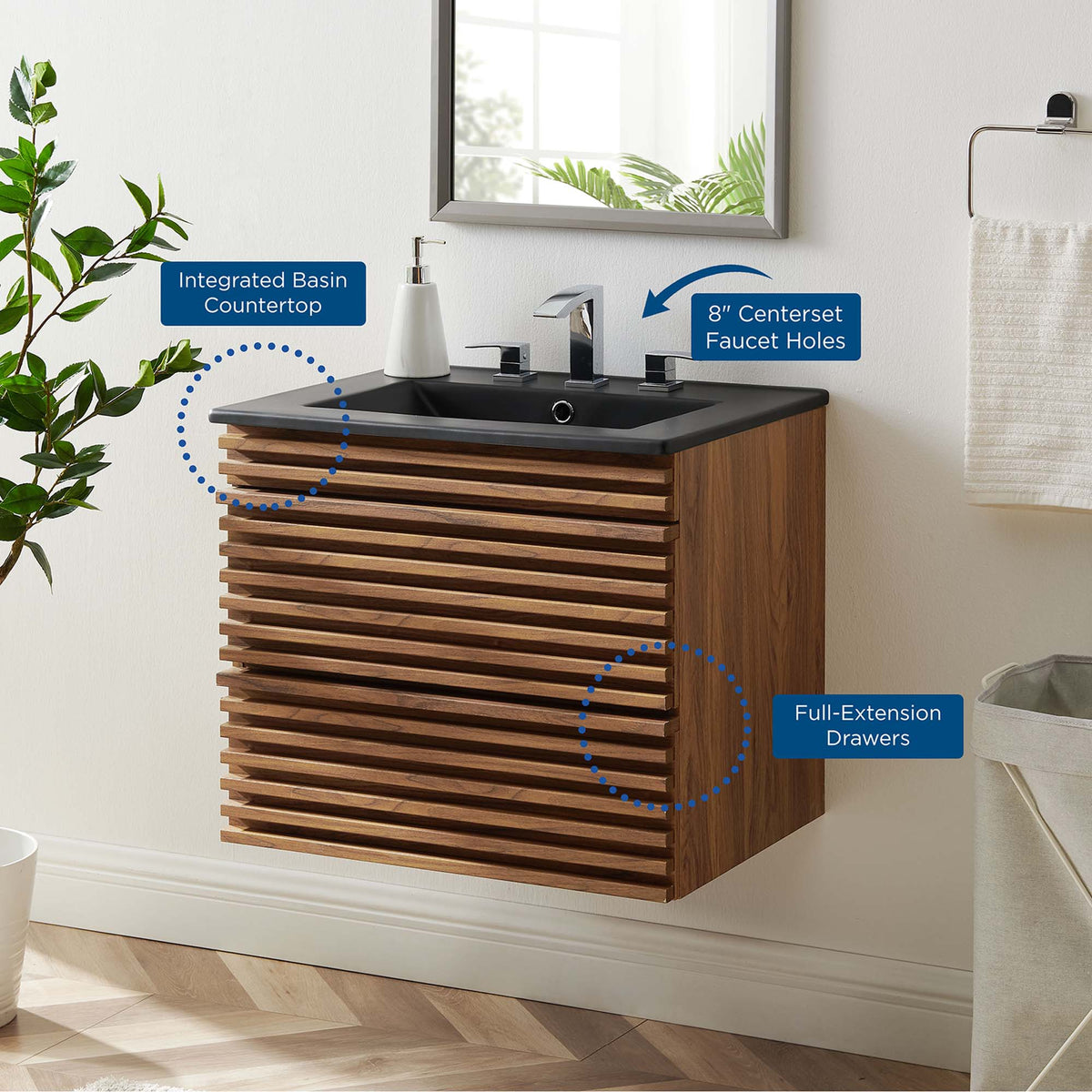 Render 24" Wall-Mount Bathroom Vanity by Modway - Charcoal Black / Oak Black / Walnut Black, photo 28 of 28
