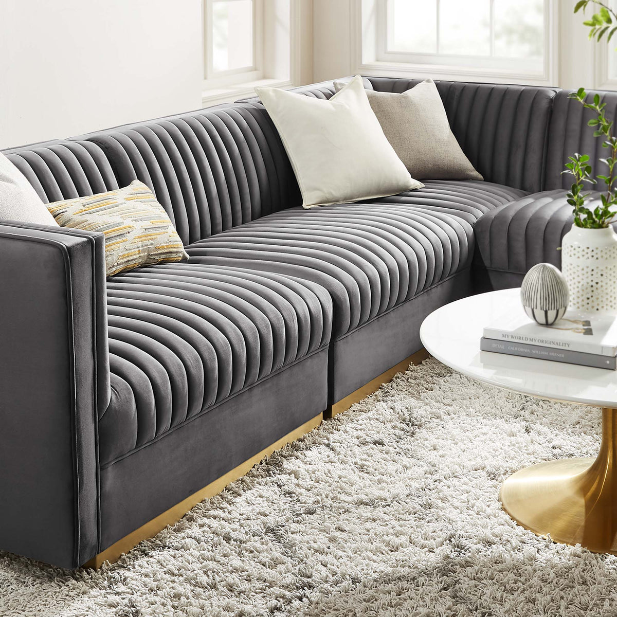 Sanguine 4-Piece Channel Tufted Performance Velvet Right-Facing Modular Sectional Sofa by Modway, photo 12 of 12