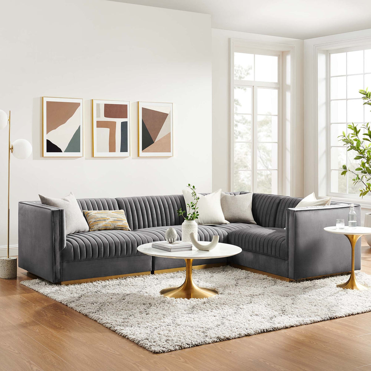 Sanguine 4-Piece Channel Tufted Performance Velvet Right-Facing Modular Sectional Sofa by Modway, photo 11 of 12
