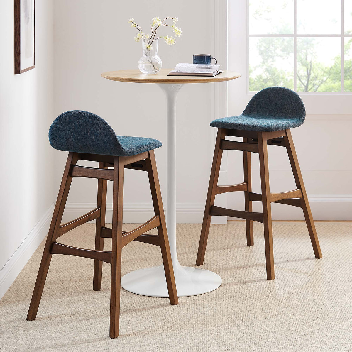 Juno Wood Bar Stool Set of 2 by Modway - Navy Fabric / Ivory Fabric, photo 9 of 20