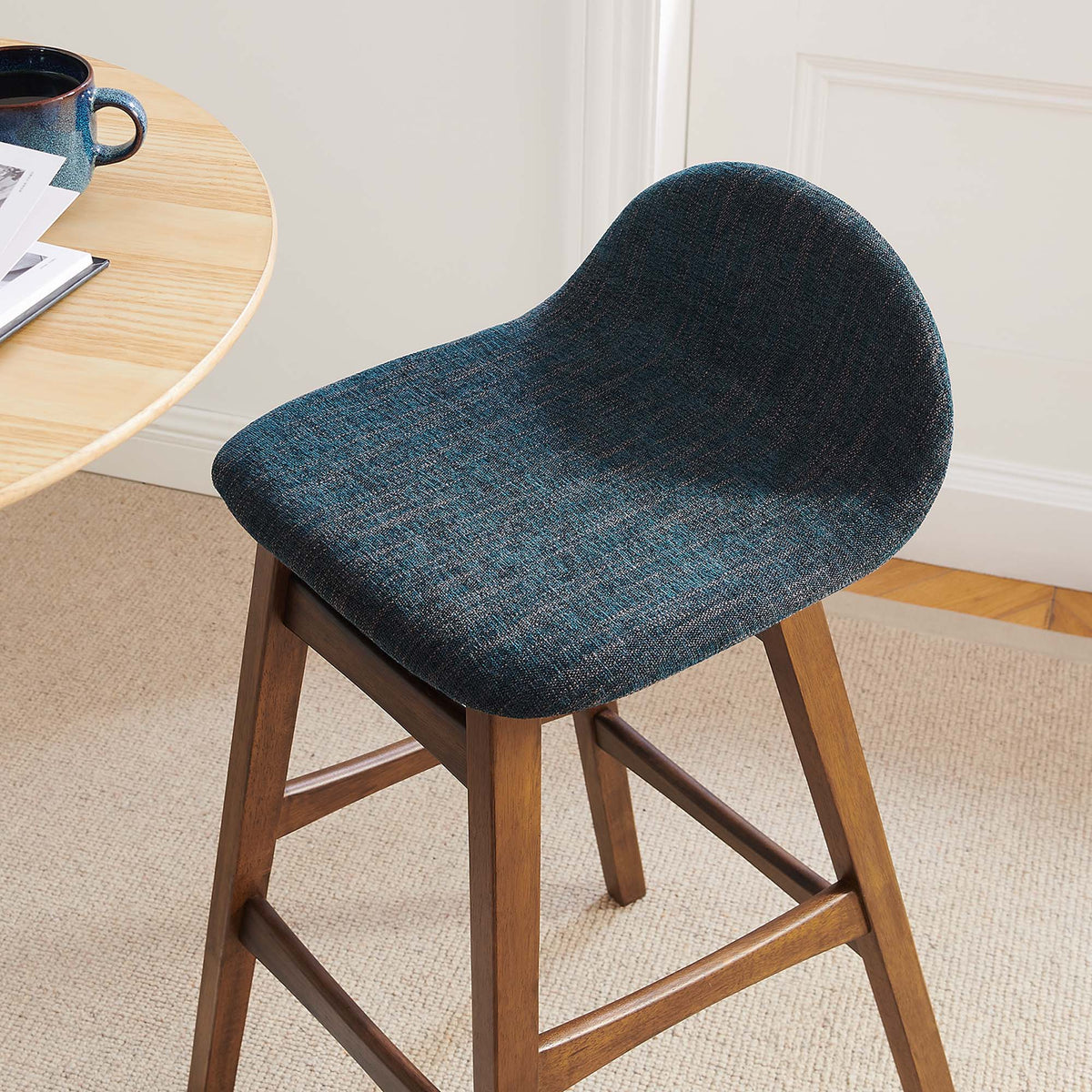 Juno Wood Bar Stool Set of 2 by Modway - Navy Fabric / Ivory Fabric, photo 10 of 20