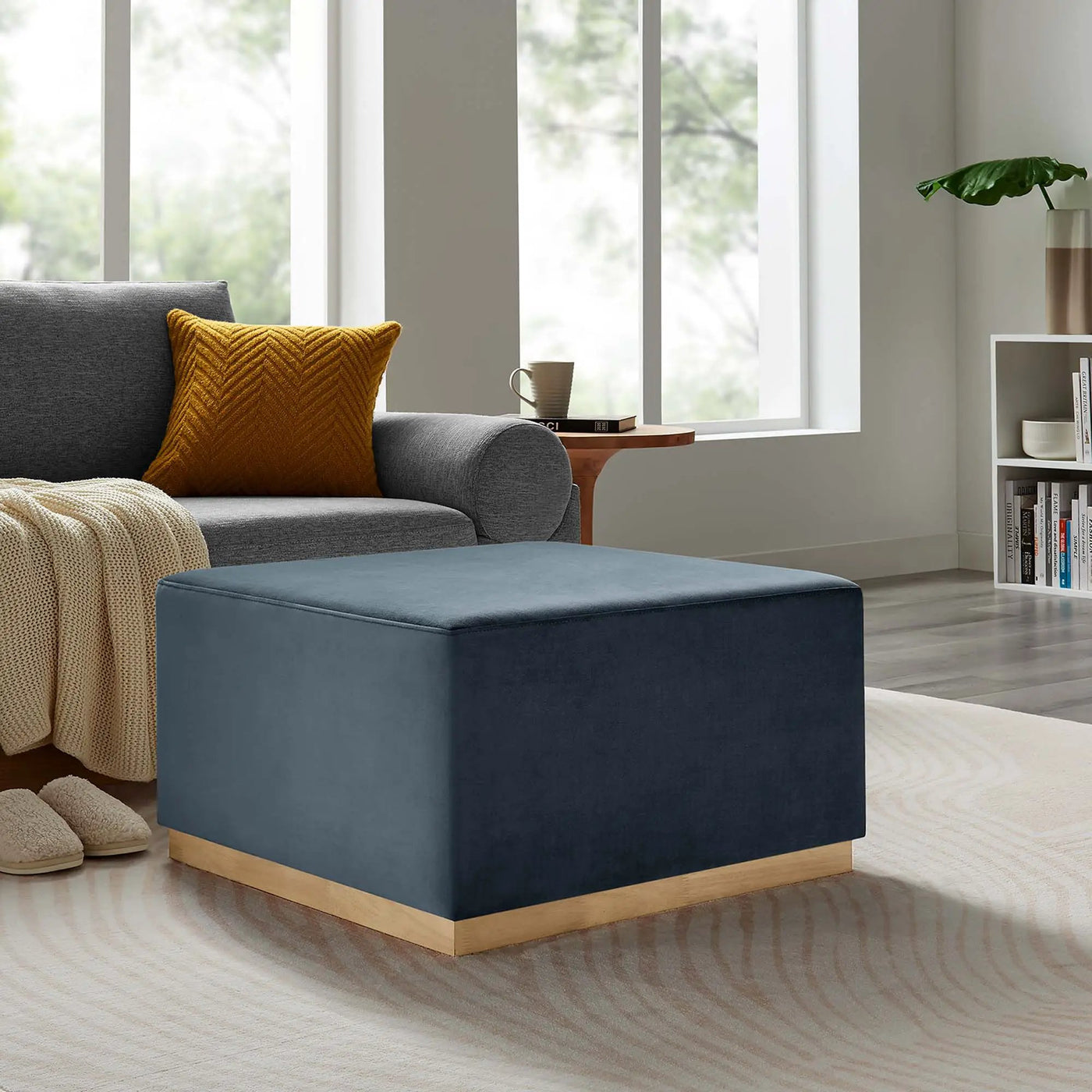 Tilden Large 28" Square Performance Velvet Upholstered Ottoman by HouseOfZazla