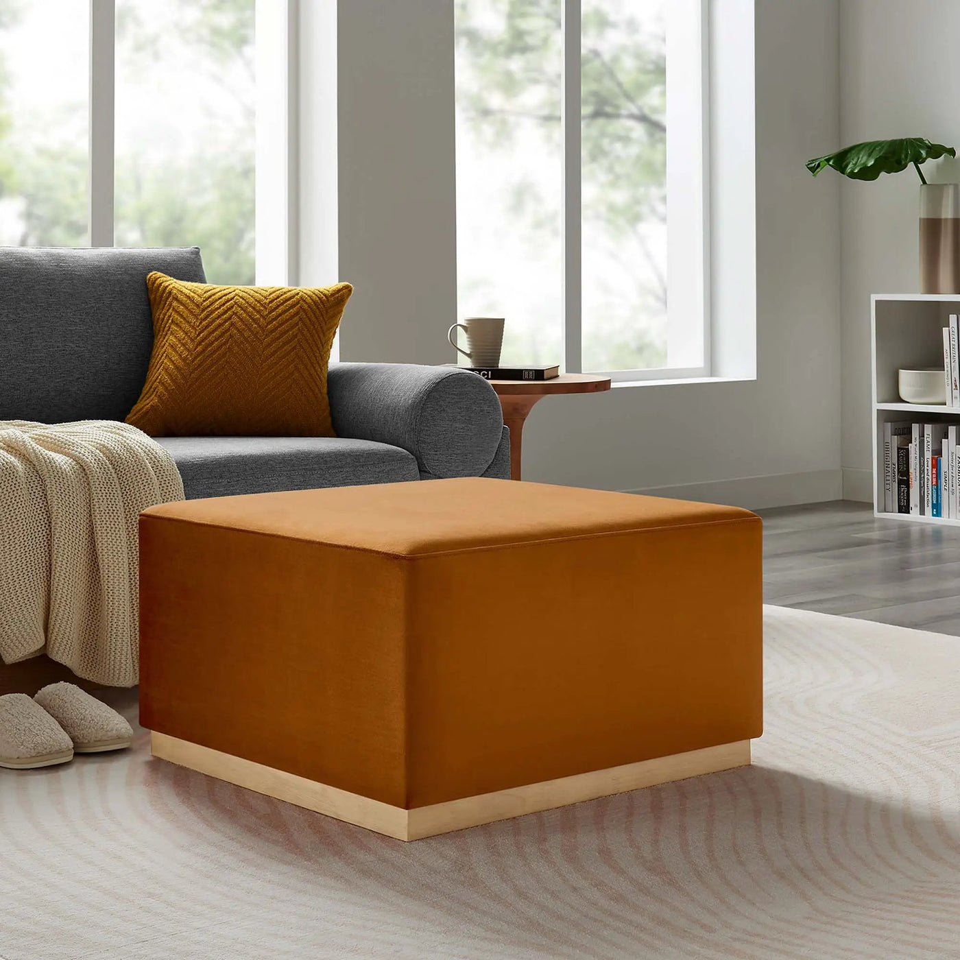 Tilden Large 28" Square Performance Velvet Upholstered Ottoman by HouseOfZazla