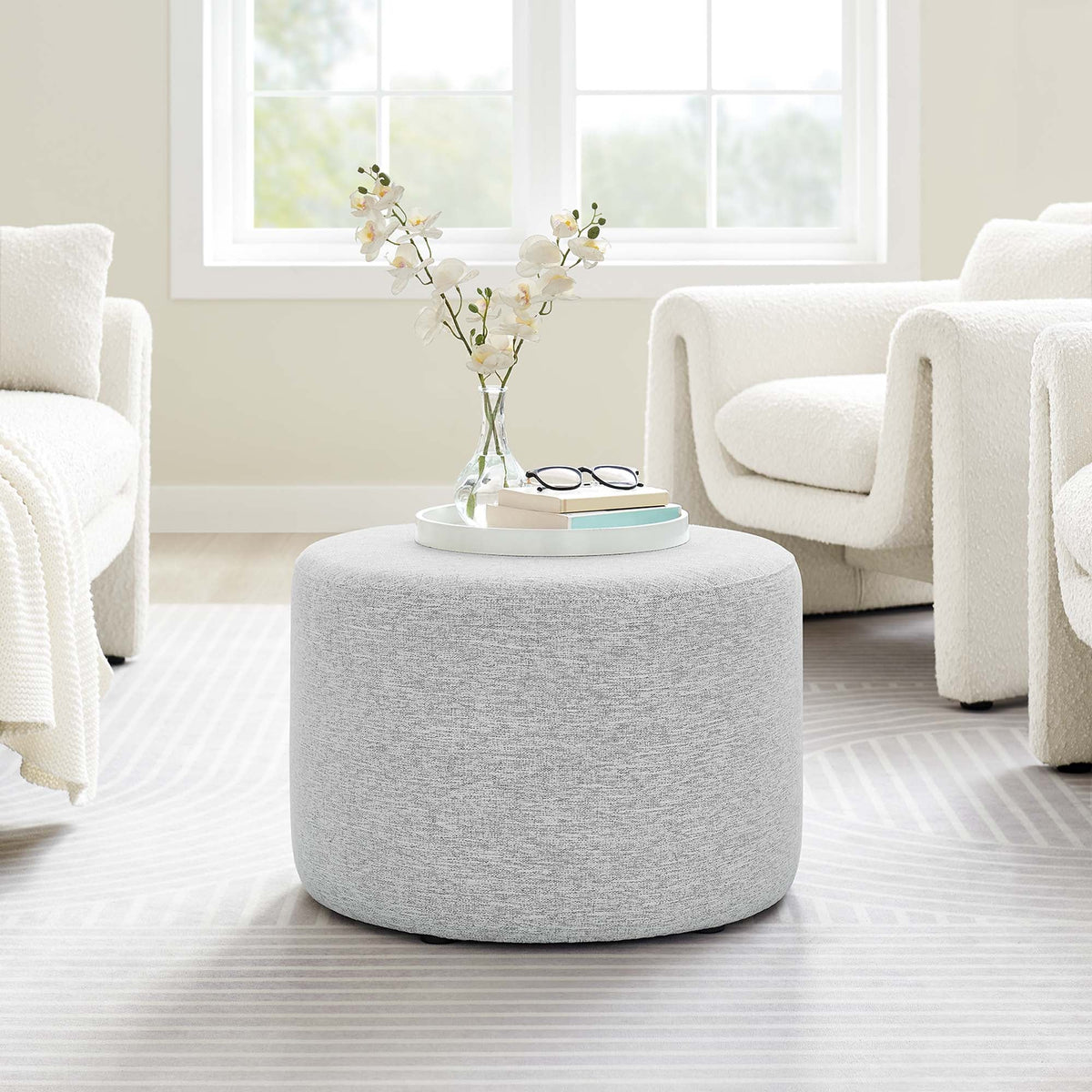 Callum Large Round Woven Heathered Fabric Upholstered Ottoman by Modway, photo 24 of 40