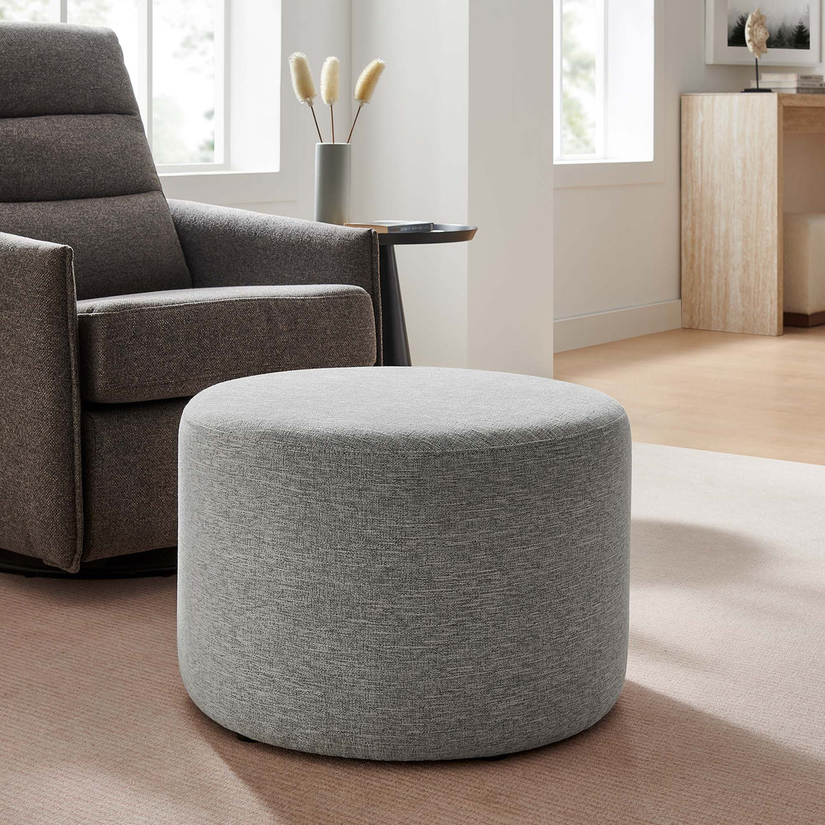 Callum Large Round Woven Heathered Fabric Upholstered Ottoman by Modway, photo 23 of 40