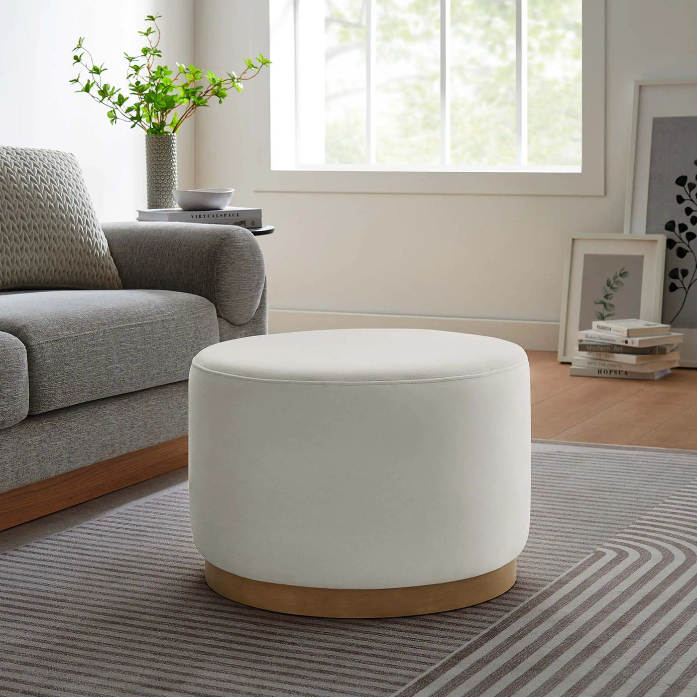 Tilden Large 23" Round Performance Velvet Upholstered Ottoman by HouseOfZazla