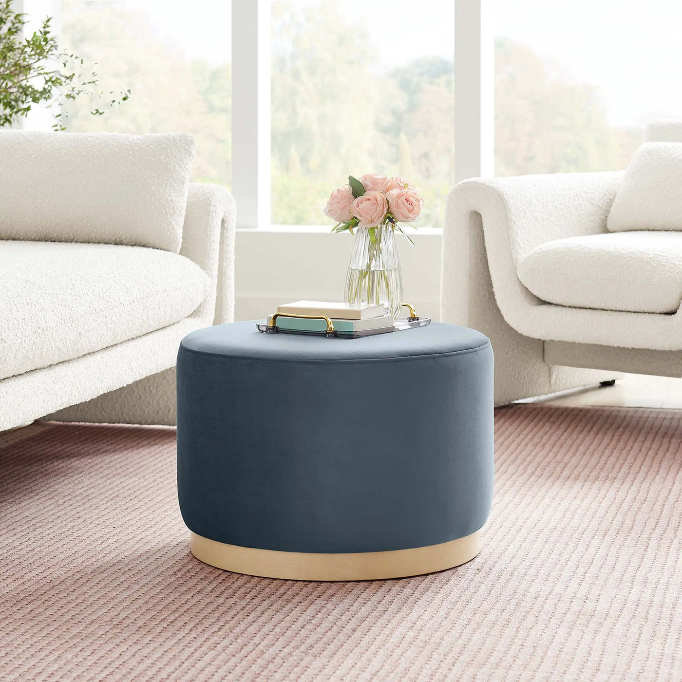 Tilden Large 23" Round Performance Velvet Upholstered Ottoman by HouseOfZazla