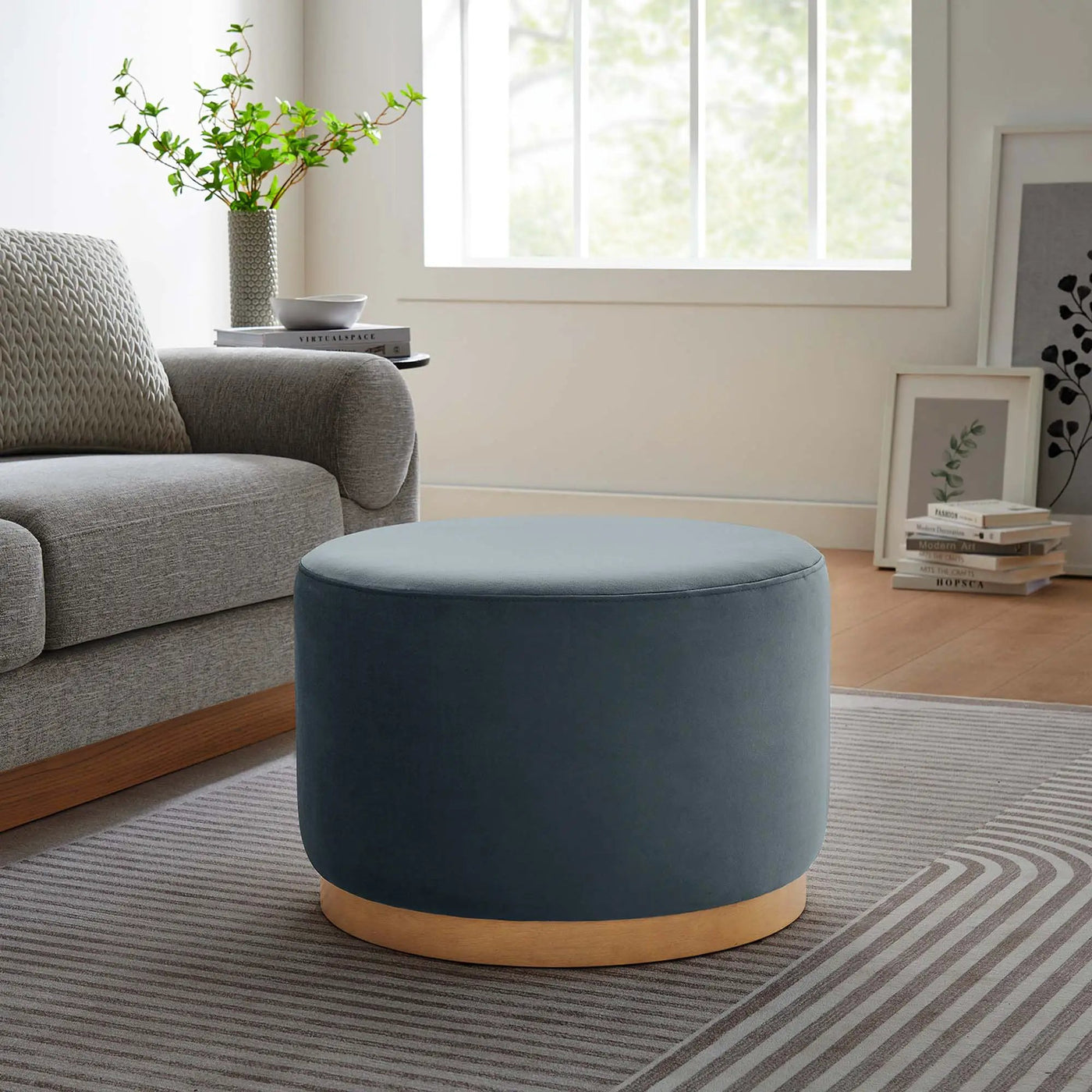 Tilden Large 23" Round Performance Velvet Upholstered Ottoman by HouseOfZazla