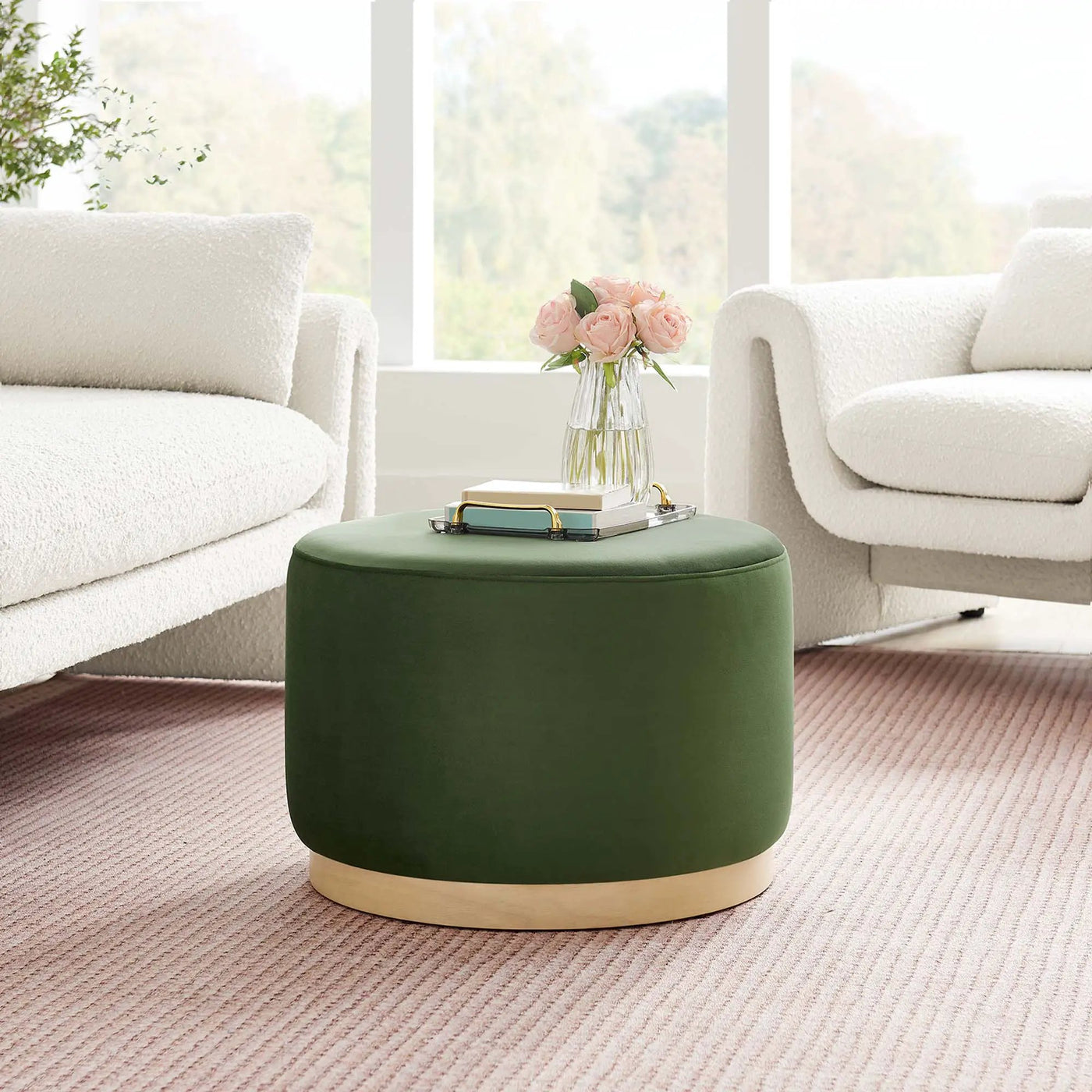 Tilden Large 23" Round Performance Velvet Upholstered Ottoman by HouseOfZazla