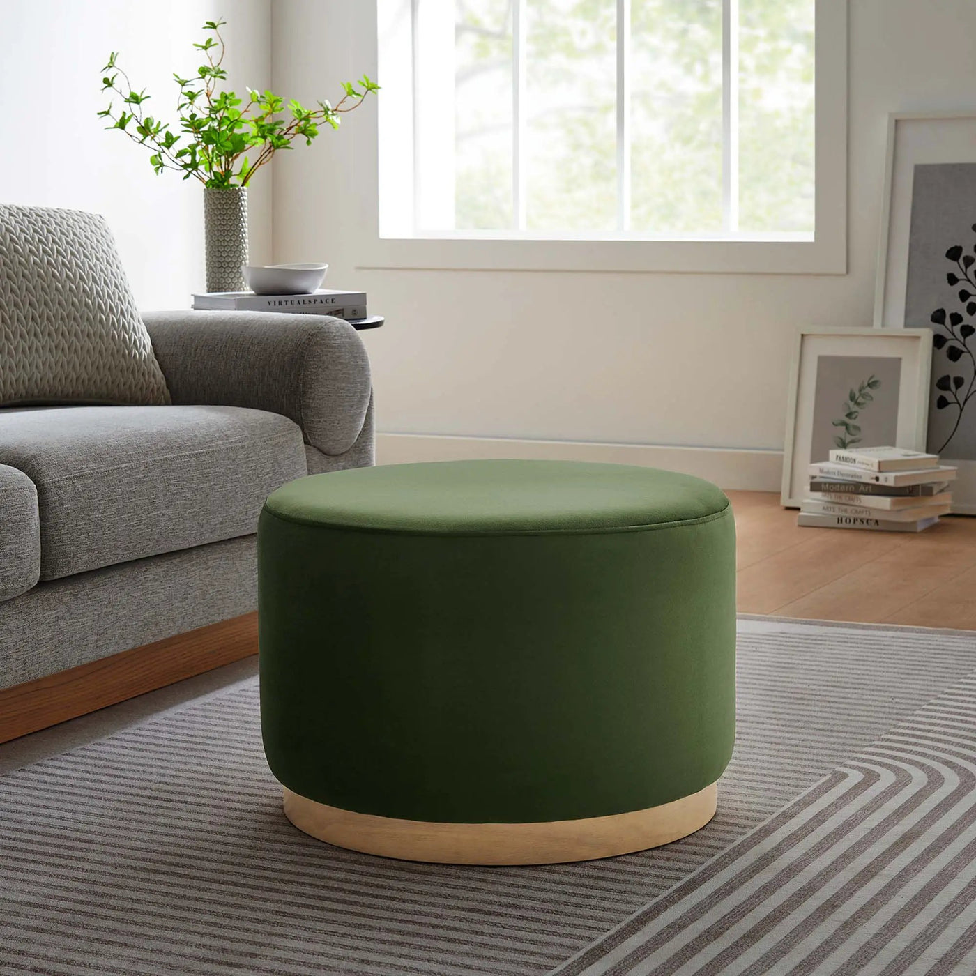 Tilden Large 23" Round Performance Velvet Upholstered Ottoman by HouseOfZazla