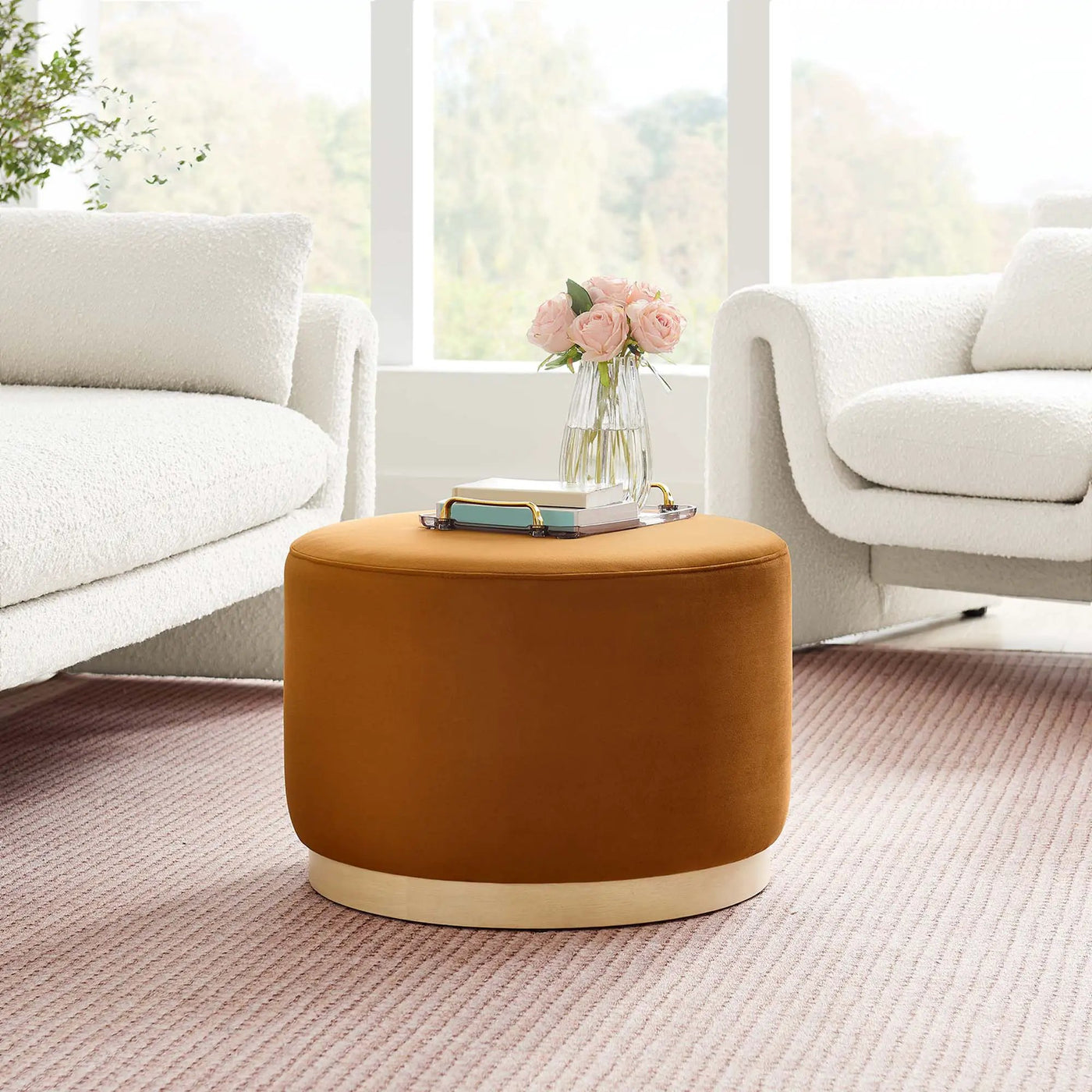 Tilden Large 23" Round Performance Velvet Upholstered Ottoman by HouseOfZazla