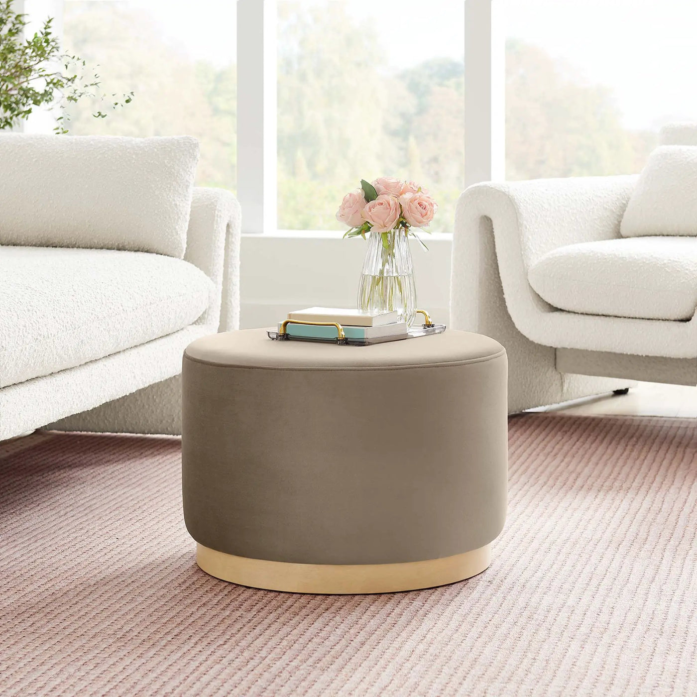 Tilden Large 23" Round Performance Velvet Upholstered Ottoman by HouseOfZazla