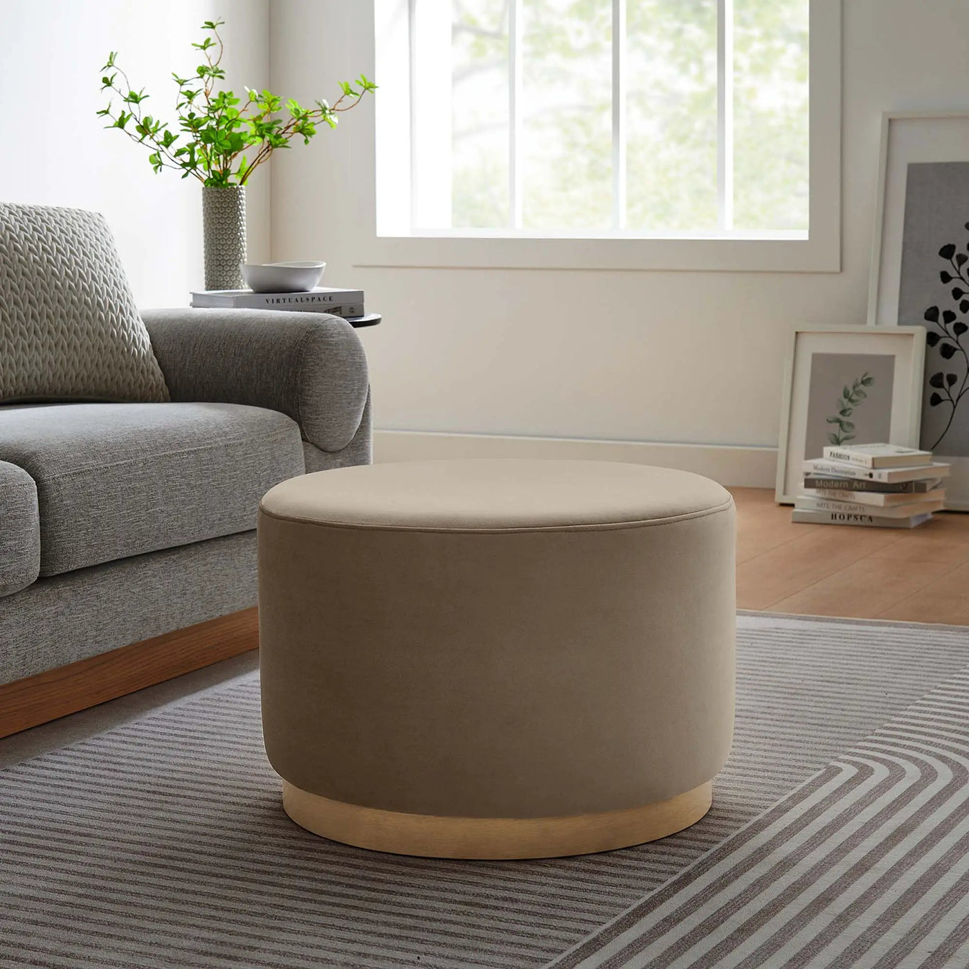 Tilden Large 23" Round Performance Velvet Upholstered Ottoman by HouseOfZazla