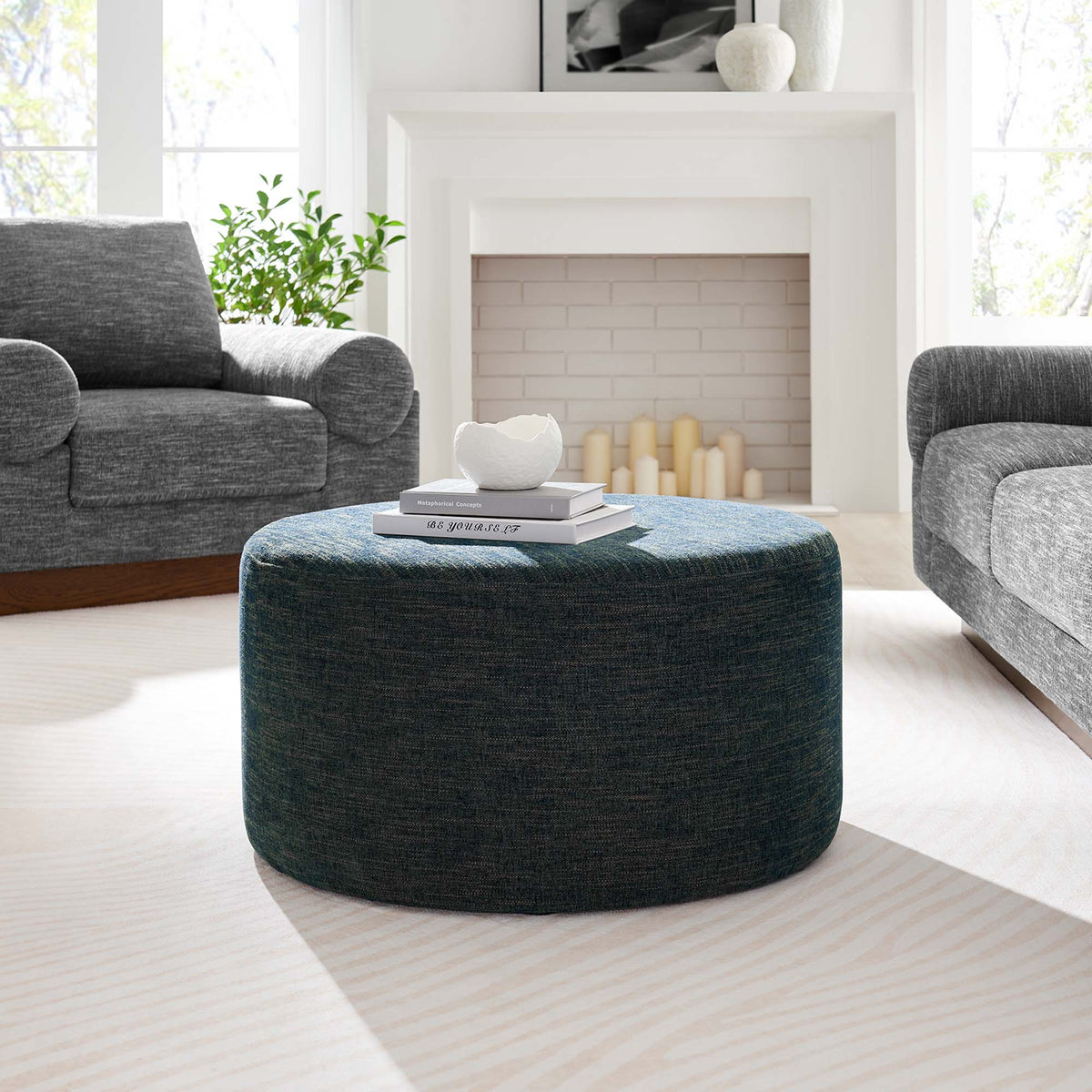 Callum Large Round Woven Heathered Fabric Upholstered Ottoman by Modway, photo 30 of 40