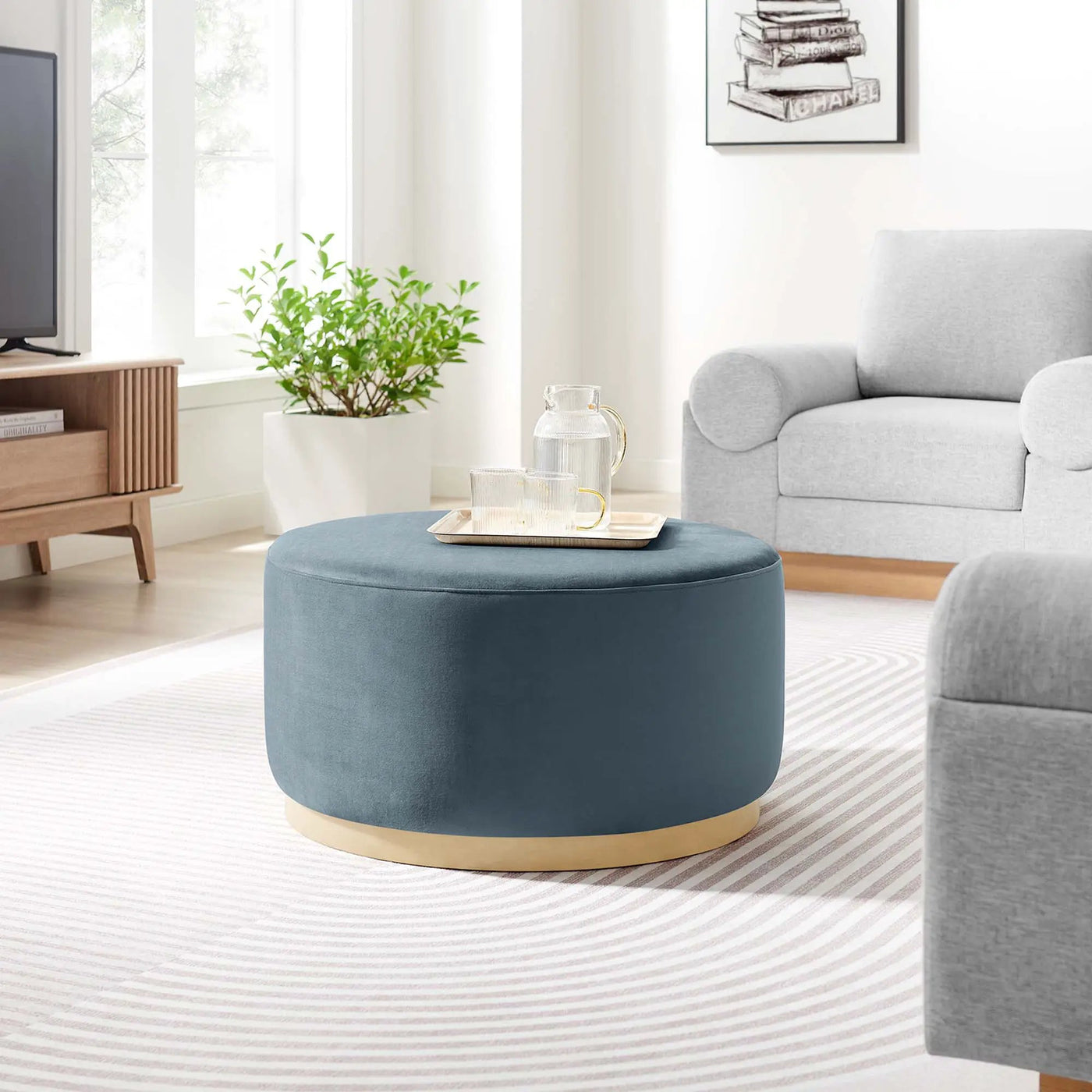 Tilden Large 29" Round Performance Velvet Upholstered Ottoman by HouseOfZazla