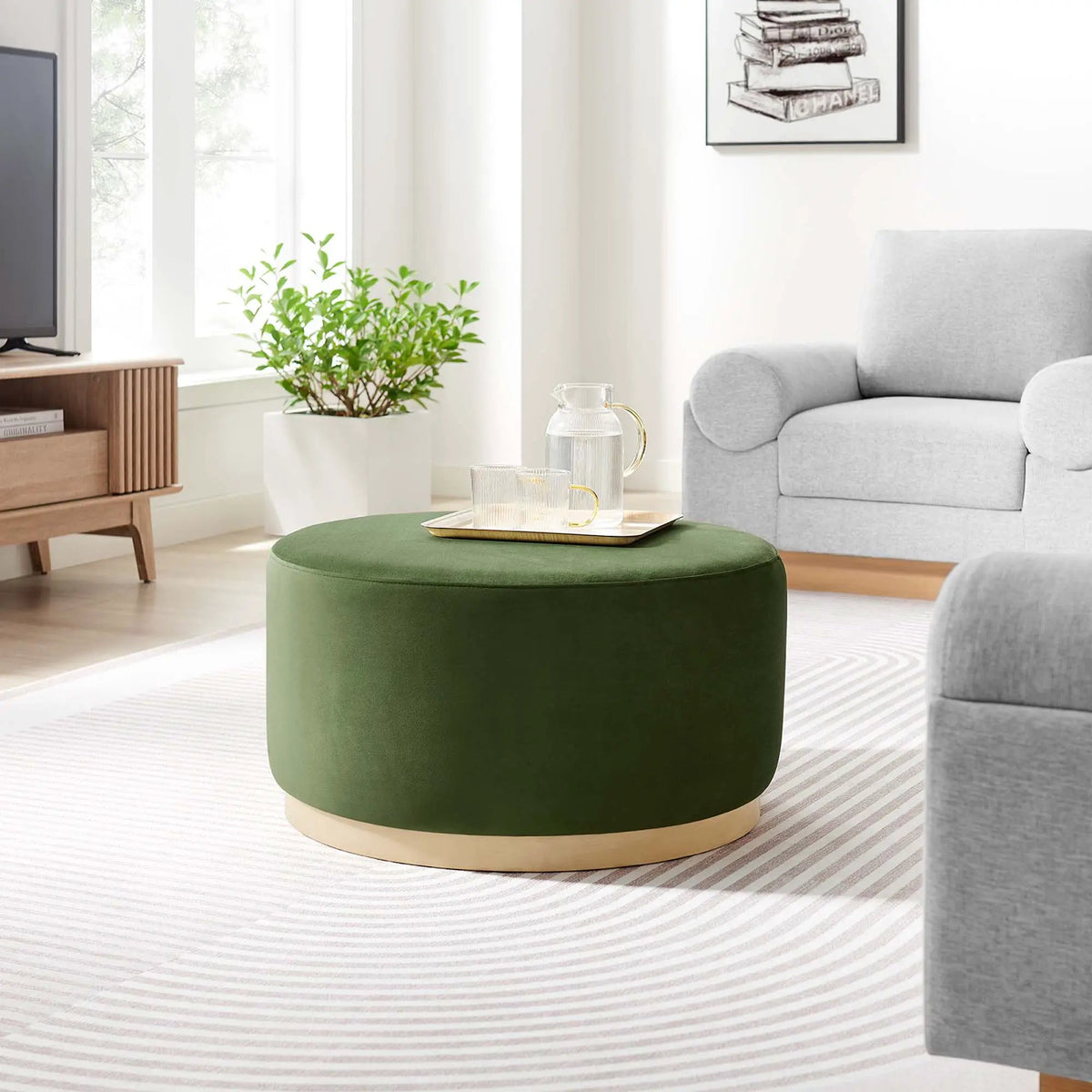 Tilden Large 29" Round Performance Velvet Upholstered Ottoman by HouseOfZazla
