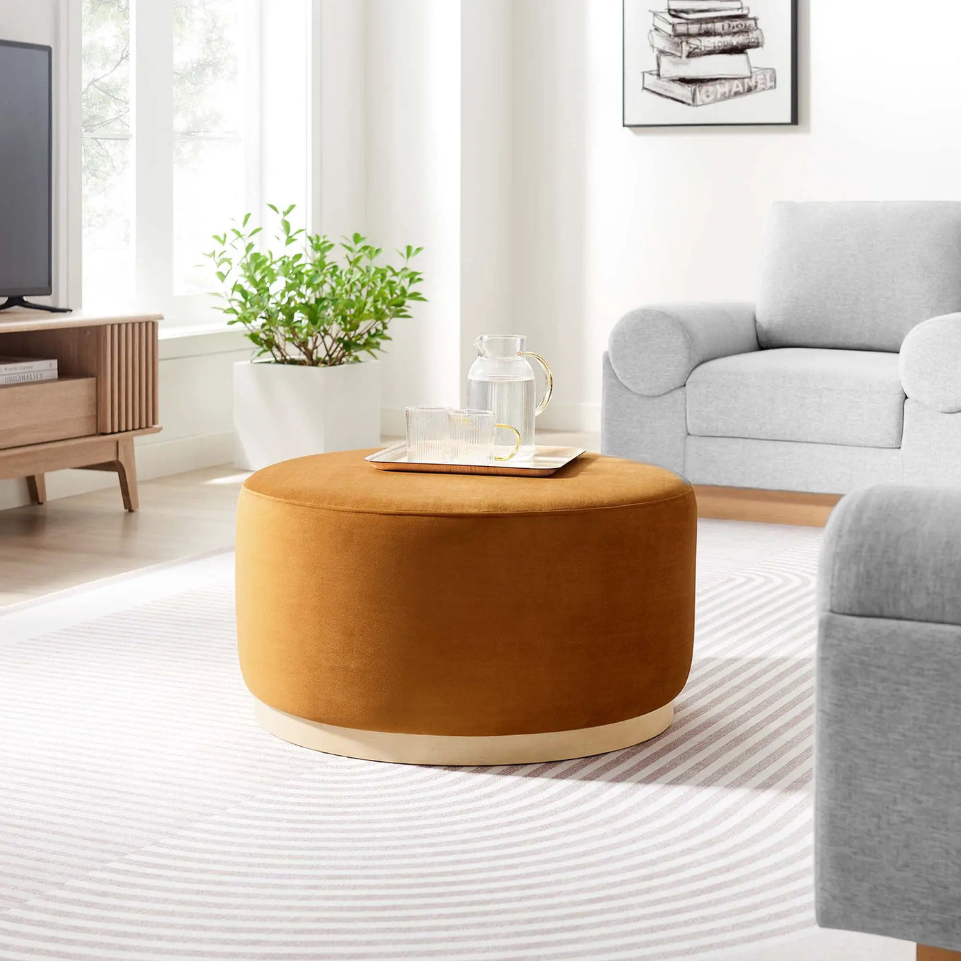 Tilden Large 29" Round Performance Velvet Upholstered Ottoman by HouseOfZazla