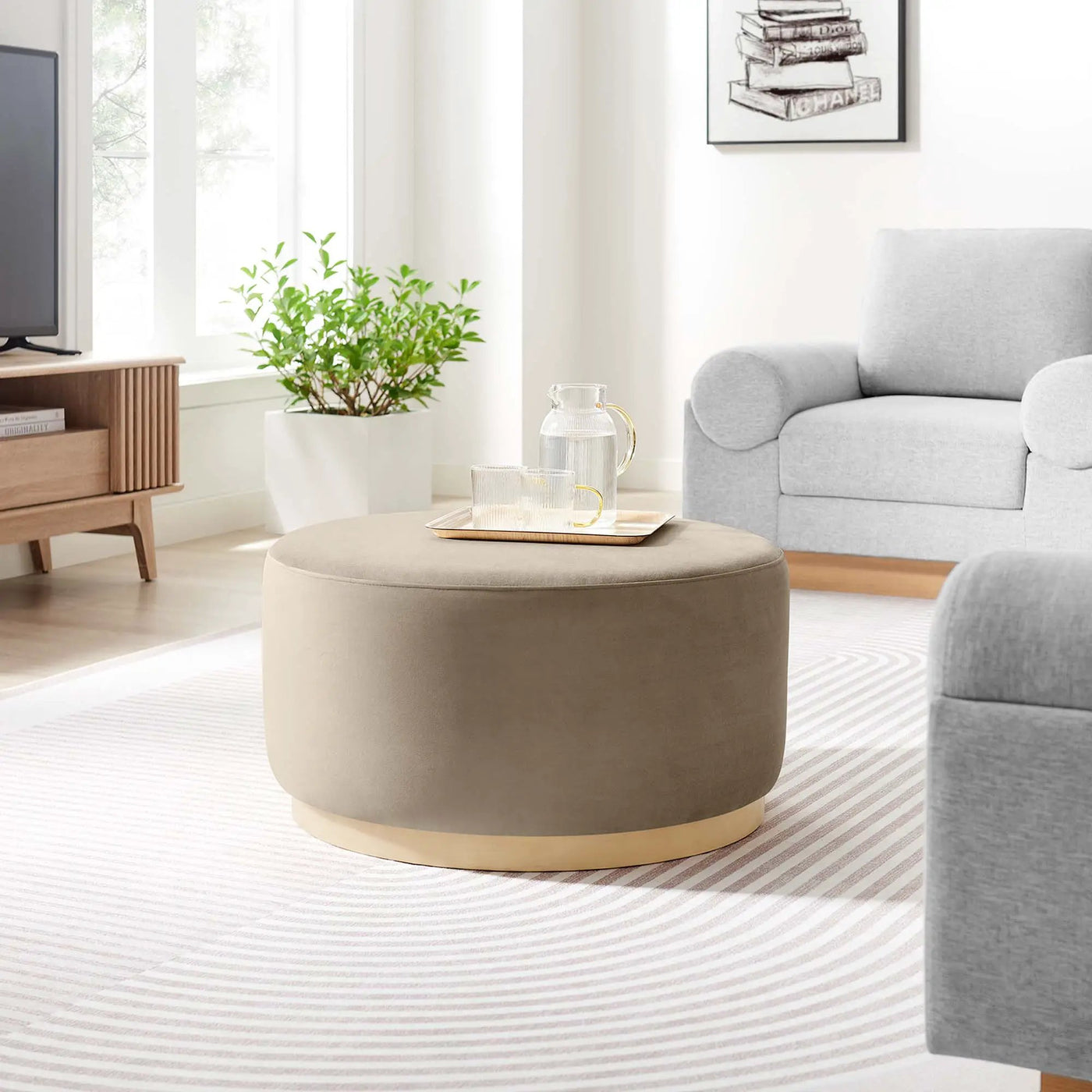 Tilden Large 29" Round Performance Velvet Upholstered Ottoman by HouseOfZazla