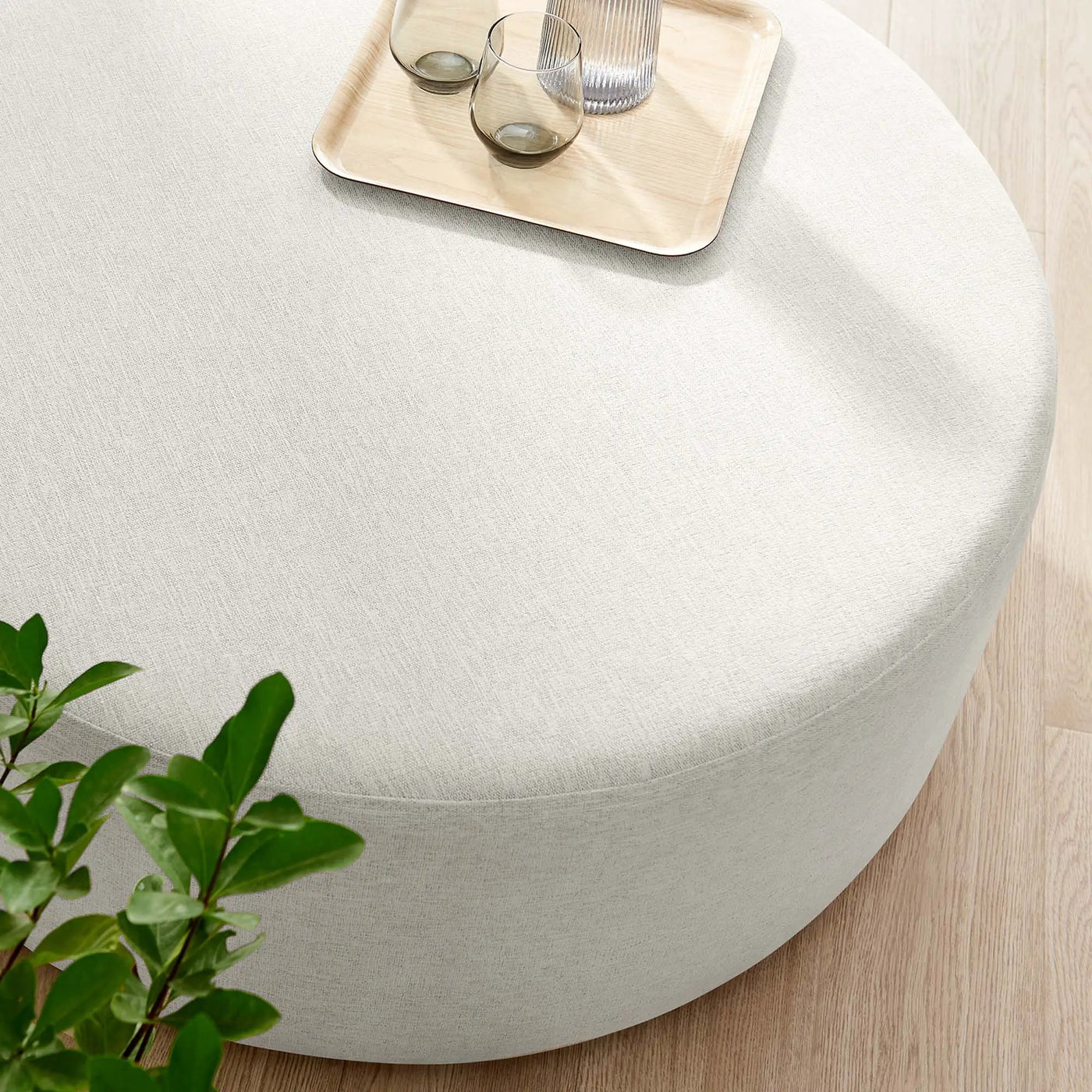 Callum Large 38" Round Woven Heathered Fabric Upholstered Ottoman by HouseOfZazla