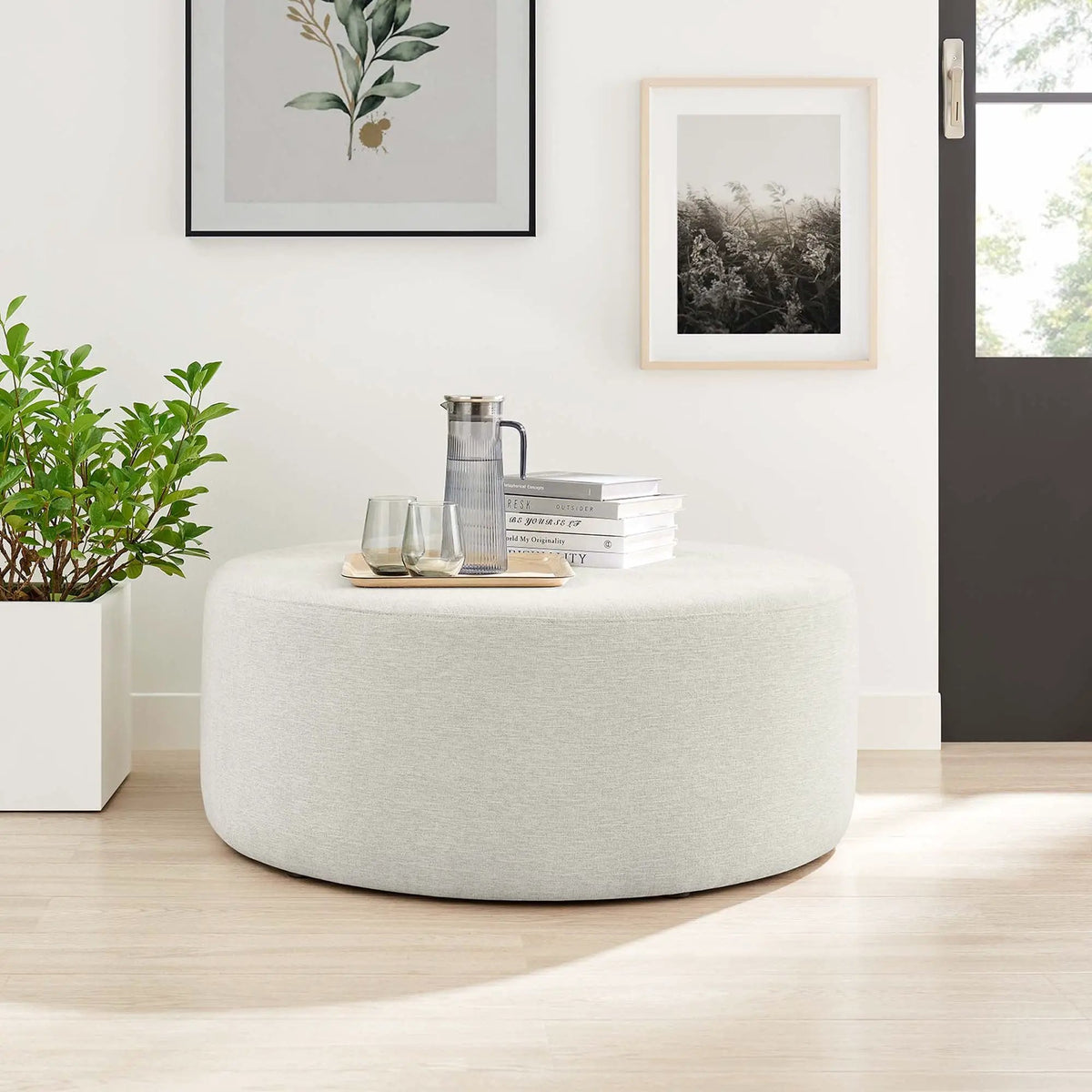 Callum Large 38" Round Woven Heathered Fabric Upholstered Ottoman by HouseOfZazla