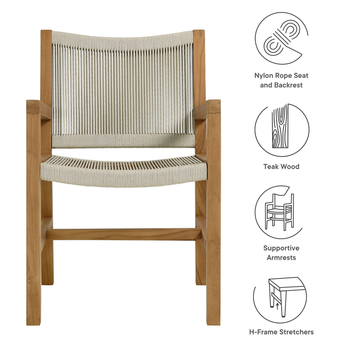 Vienna Outdoor Patio Teak and Rope Dining Armchairs Set of 2 by Modway, photo 12 of 20