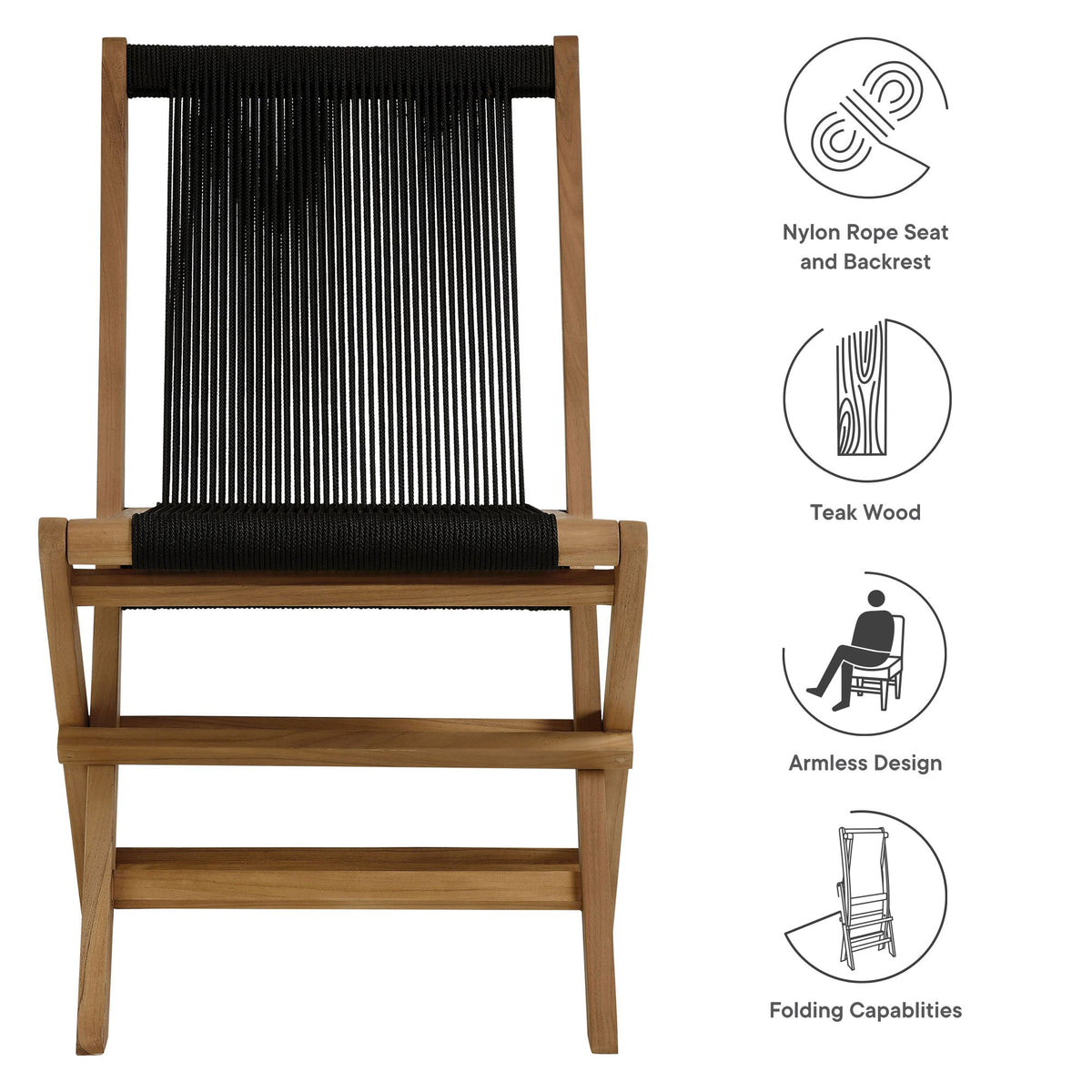 Vienna Outdoor Patio Teak and Rope Folding Chairs Set of 4 by Modway, photo 3 of 22