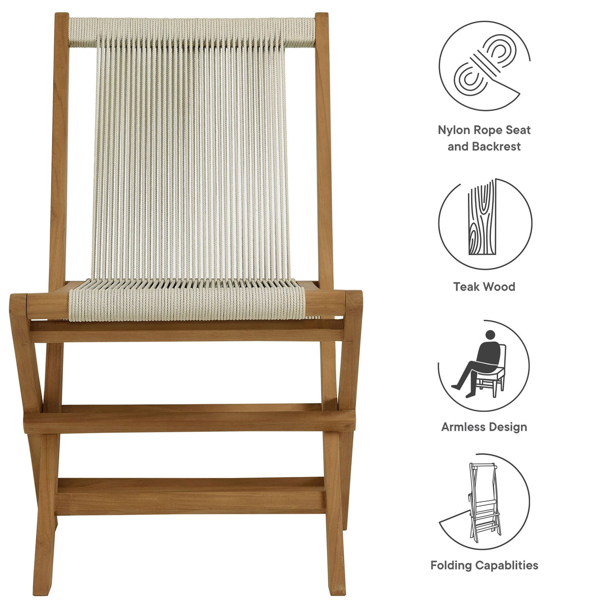 Vienna Outdoor Patio Teak and Rope Folding Chairs Set of 4 by Modway, photo 13 of 22