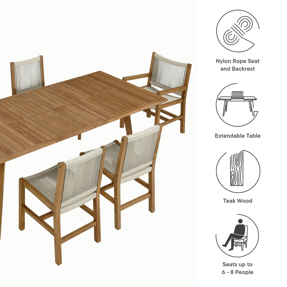 Vienna 7-Piece Outdoor Patio Teak and Rope Dining Set by Modway, photo 21 of 29