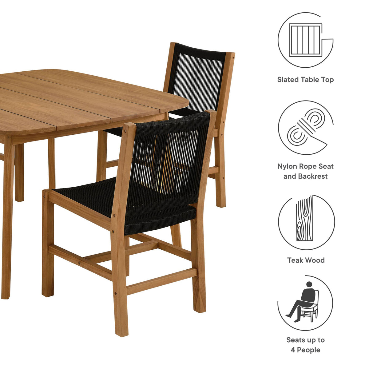 Vienna 5-Piece Outdoor Patio Teak and Rope Dining Set with Armless Chairs by Modway, photo 4 of 21