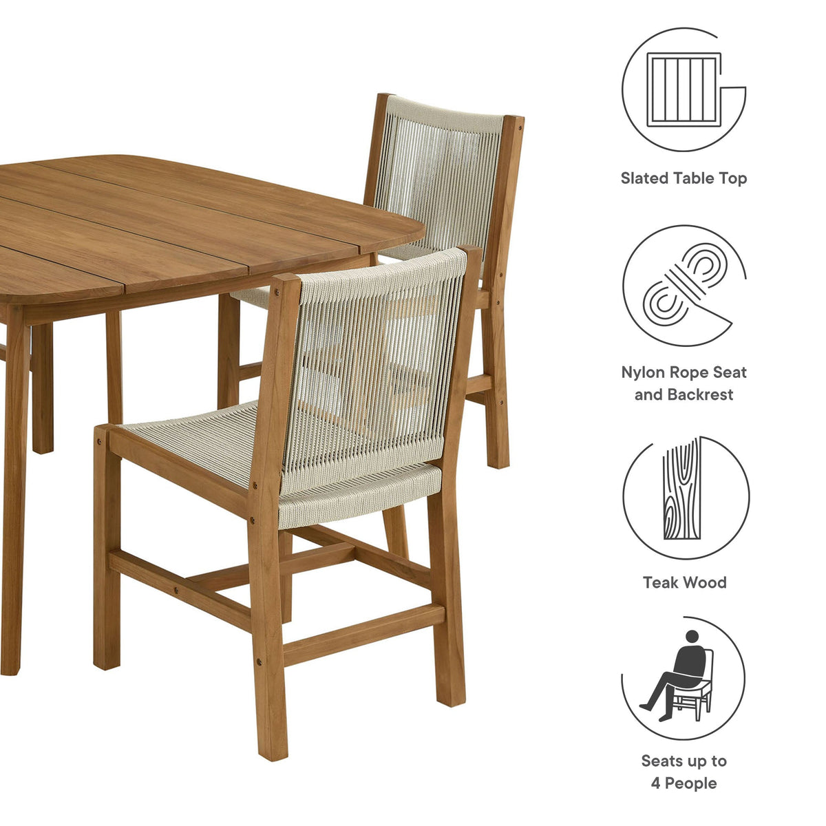 Vienna 5-Piece Outdoor Patio Teak and Rope Dining Set with Armless Chairs by Modway, photo 16 of 21