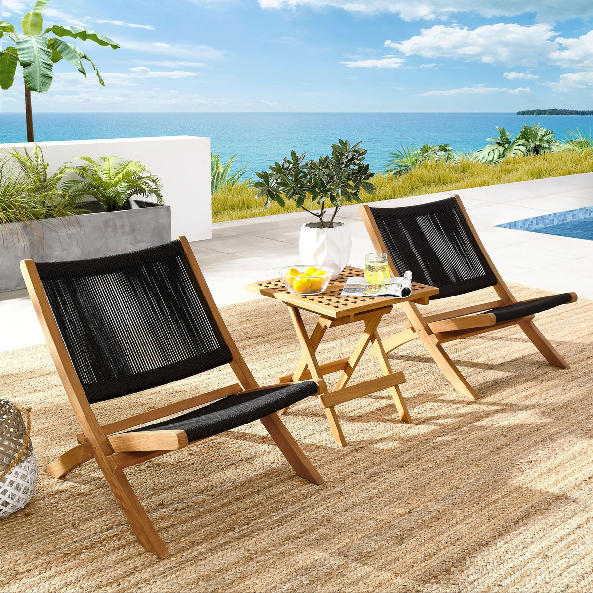 Vienna 3-Piece Outdoor Patio Teak and Rope Folding Lounge Chairs and Side Table by Modway, photo 11 of 21