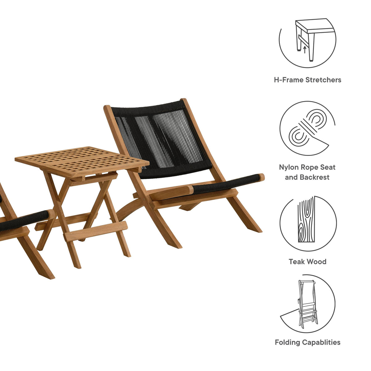 Vienna 3-Piece Outdoor Patio Teak and Rope Folding Lounge Chairs and Side Table by Modway, photo 4 of 21
