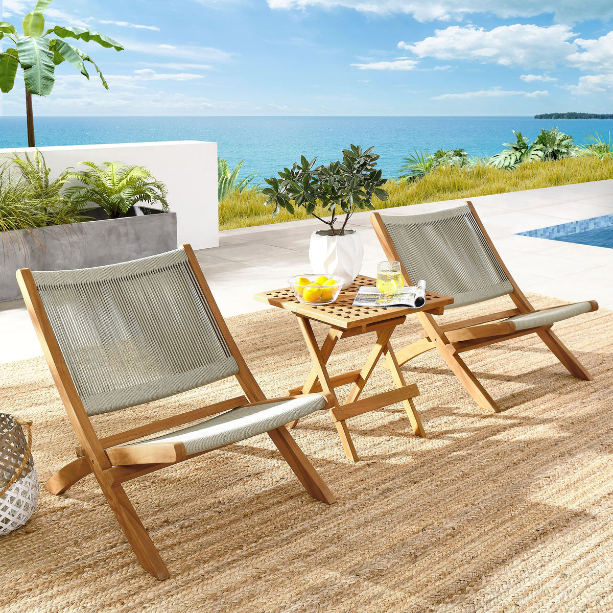 Vienna 3-Piece Outdoor Patio Teak and Rope Folding Lounge Chairs and Side Table by Modway, photo 20 of 21