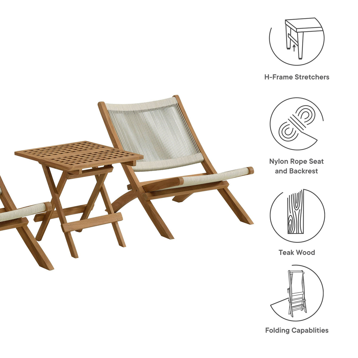 Vienna 3-Piece Outdoor Patio Teak and Rope Folding Lounge Chairs and Side Table by Modway, photo 16 of 21