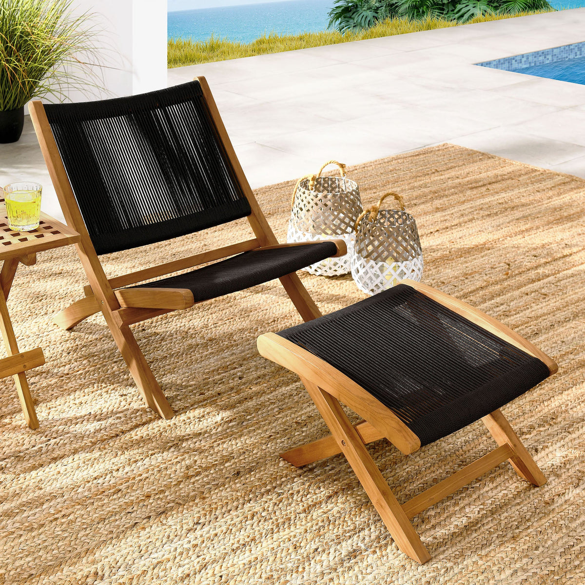 Vienna 2-Piece Outdoor Patio Teak and Rope Folding Accent Lounge Chair and Ottoman Set by Modway, photo 12 of 26