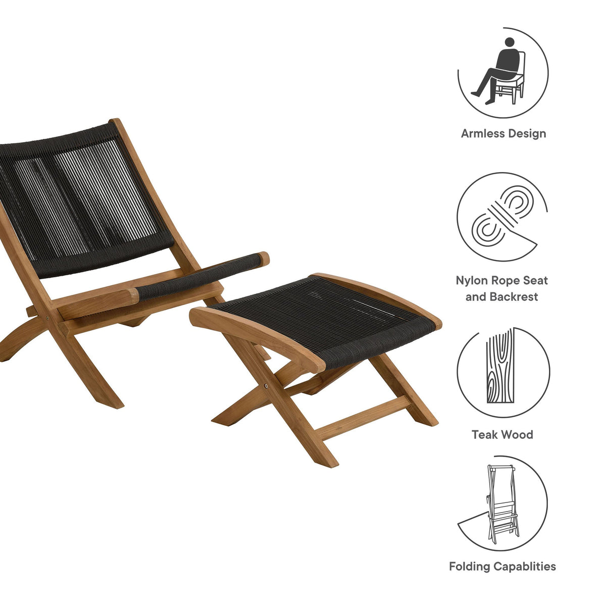 Vienna 2-Piece Outdoor Patio Teak and Rope Folding Accent Lounge Chair and Ottoman Set by Modway, photo 4 of 26
