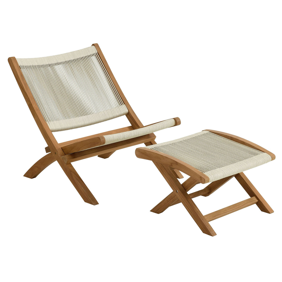 Vienna 2-Piece Outdoor Patio Teak and Rope Folding Accent Lounge Chair and Ottoman Set by Modway, photo 14 of 26