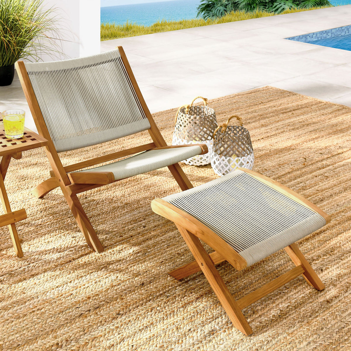 Vienna 2-Piece Outdoor Patio Teak and Rope Folding Accent Lounge Chair and Ottoman Set by Modway, photo 25 of 26