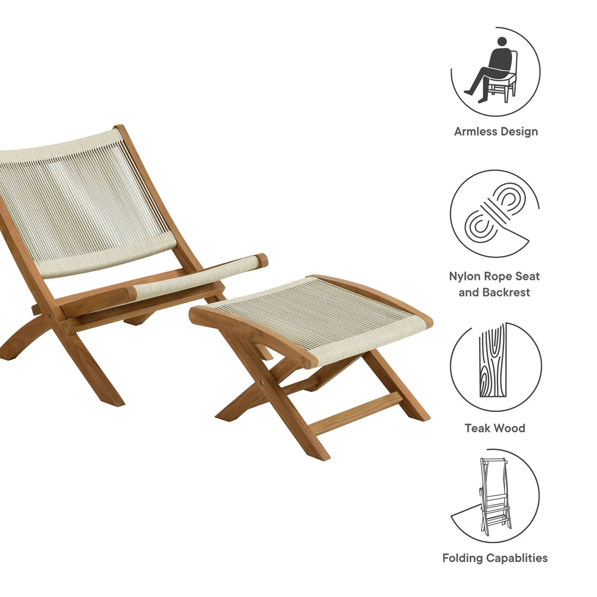Vienna 2-Piece Outdoor Patio Teak and Rope Folding Accent Lounge Chair and Ottoman Set by Modway, photo 17 of 26