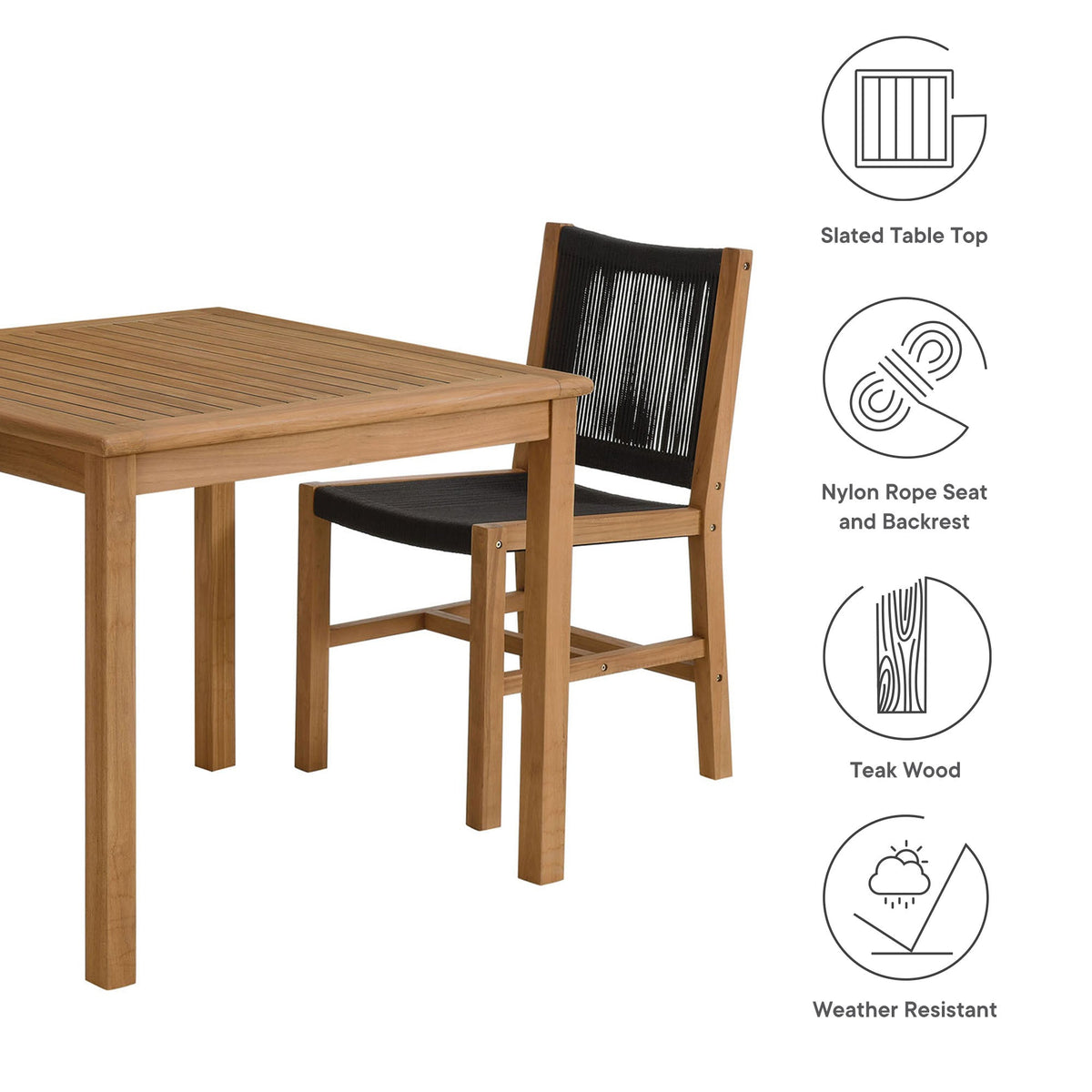 Vienna 3-Piece Outdoor Patio Teak and Rope Dining Set with Armless Chiars by Modway, photo 4 of 21