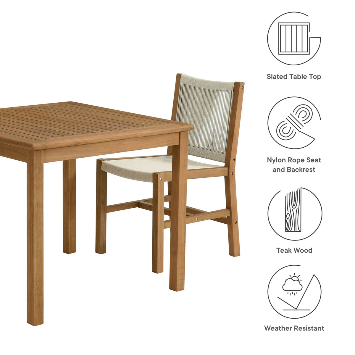 Vienna 3-Piece Outdoor Patio Teak and Rope Dining Set with Armless Chiars by Modway, photo 16 of 21