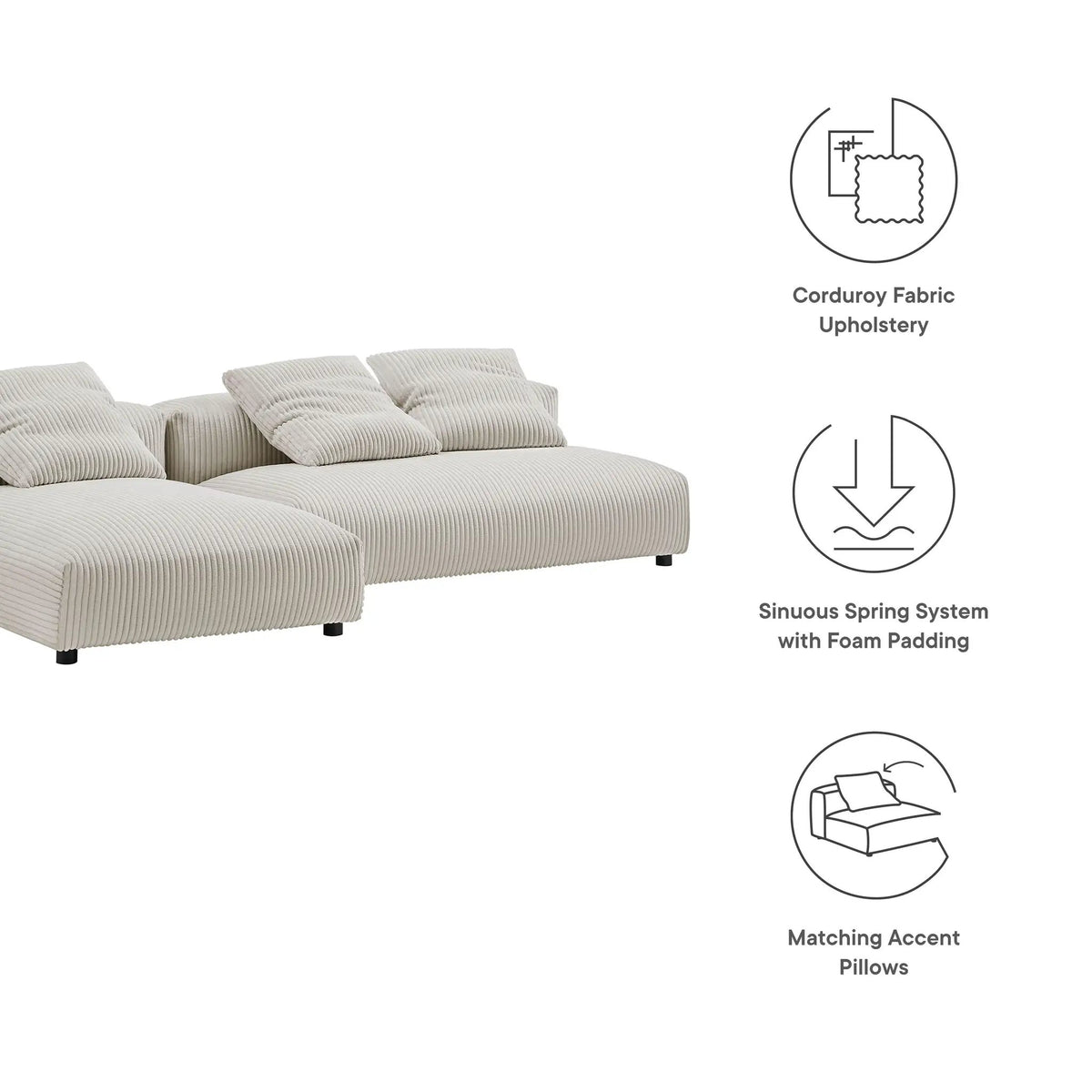 Solace 2-Piece Modular Corduroy Upholstered Sectional Sofa with Chaise by HouseOfZazla